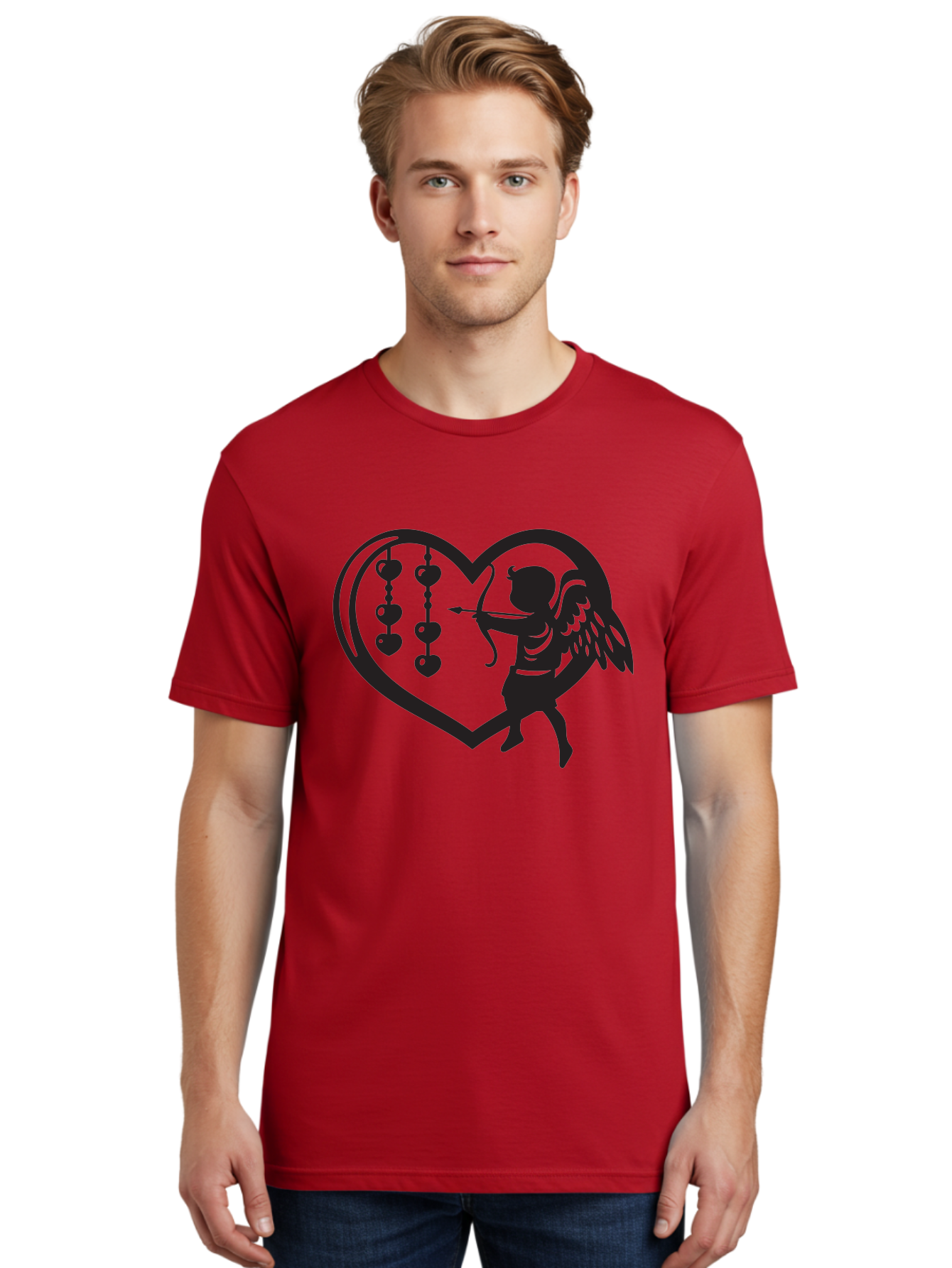 Cupid-With-Heart-Shaped-Necklace Men'S Graphic Tee, 100% Cotton, Comfortable Casual Summer Wear, Machine Washable, Cupid Shooting Arrow, Heart-Shaped Frame, Love Symbol, Valentine'S Day Theme, Romantic Gesture, Heart Beads, Winged Cherub Aab266 24