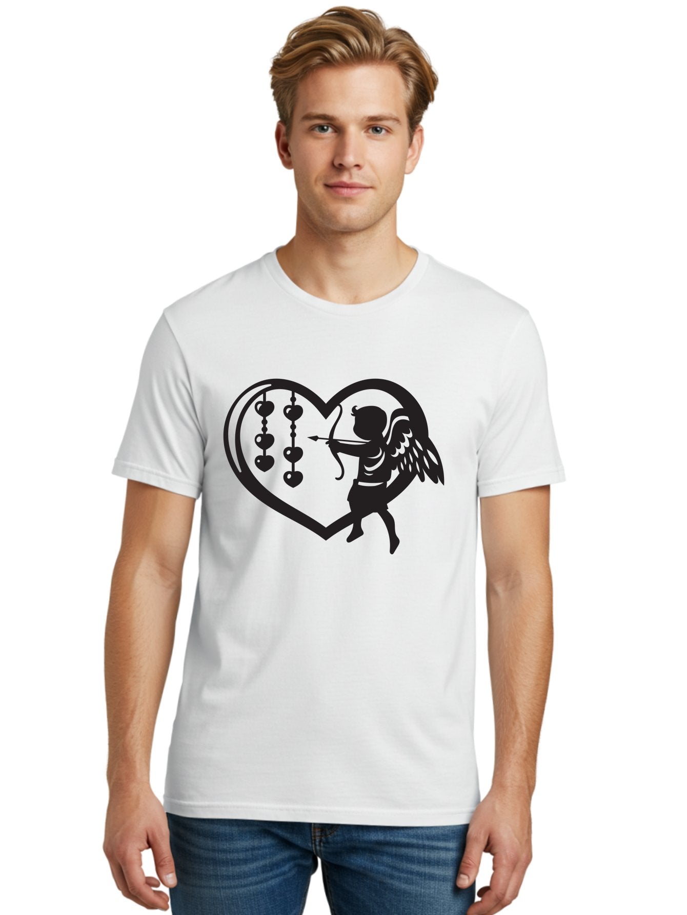 Cupid-With-Heart-Shaped-Necklace Men'S Graphic Tee, 100% Cotton, Comfortable Casual Summer Wear, Machine Washable, Cupid Shooting Arrow, Heart-Shaped Frame, Love Symbol, Valentine'S Day Theme, Romantic Gesture, Heart Beads, Winged Cherub Aab266 28