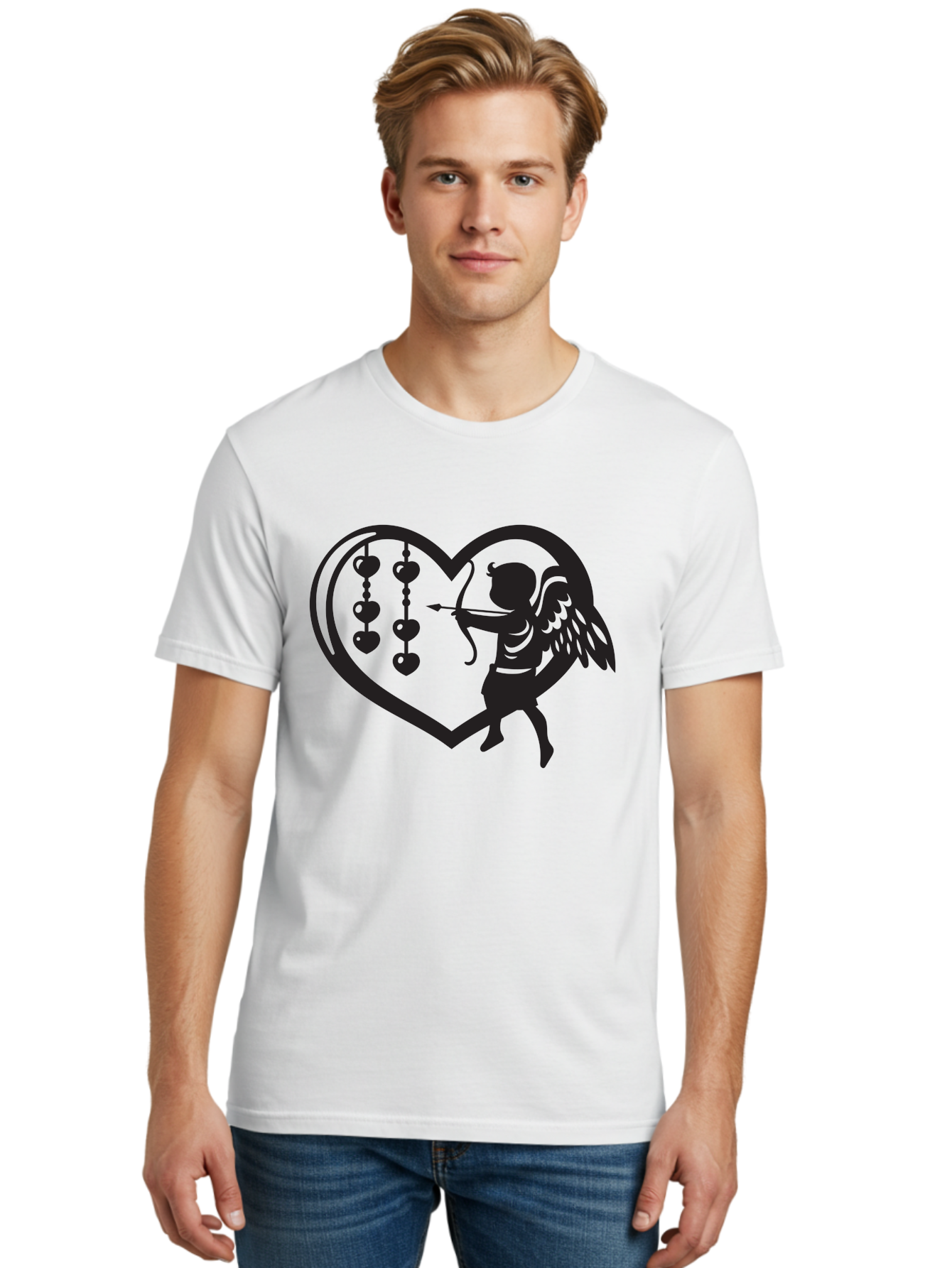 Cupid-With-Heart-Shaped-Necklace Men'S Graphic Tee, 100% Cotton, Comfortable Casual Summer Wear, Machine Washable, Cupid Shooting Arrow, Heart-Shaped Frame, Love Symbol, Valentine'S Day Theme, Romantic Gesture, Heart Beads, Winged Cherub Aab266 30