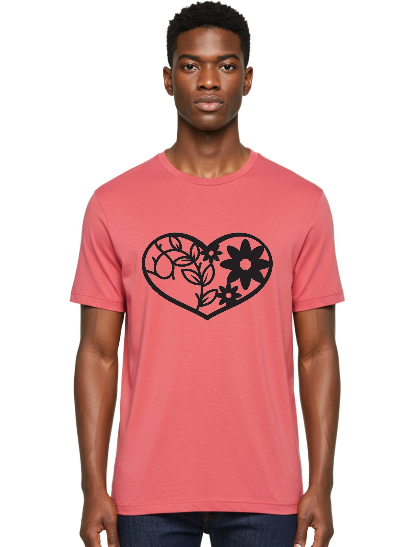 Floral-Heart Men'S Graphic Tee, 100% Cotton, Comfortable Casual Summer Wear, Machine Washable, Heart Shape, Floral Design, Flowers, Leaves, Botanical Elements, Love Symbol, Decorative Art, Simple Illustrations, Minimalist Style, Flower Motifs Aab269 30