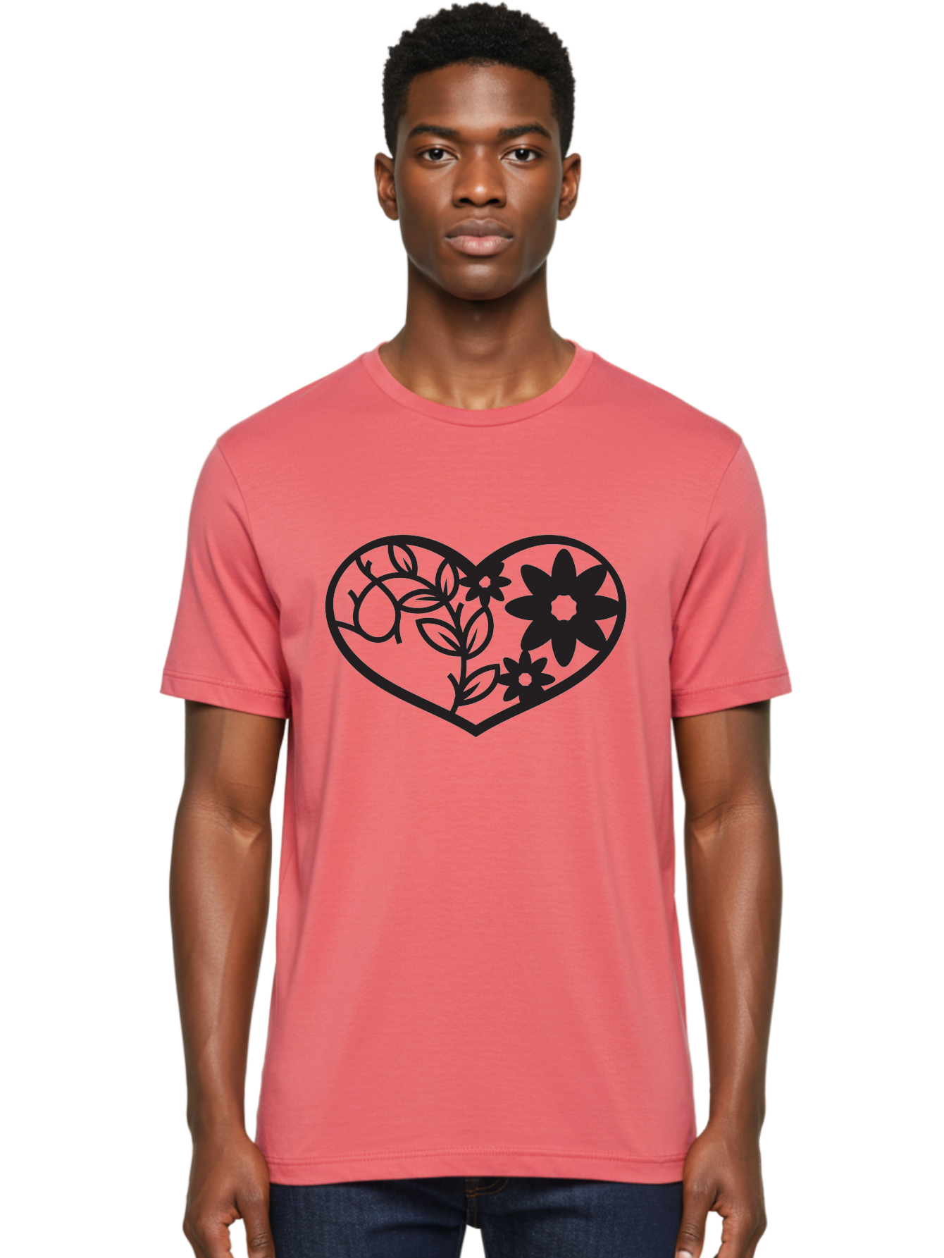 Floral-Heart Men'S Graphic Tee, 100% Cotton, Comfortable Casual Summer Wear, Machine Washable, Heart Shape, Floral Design, Flowers, Leaves, Botanical Elements, Love Symbol, Decorative Art, Simple Illustrations, Minimalist Style, Flower Motifs Aab269