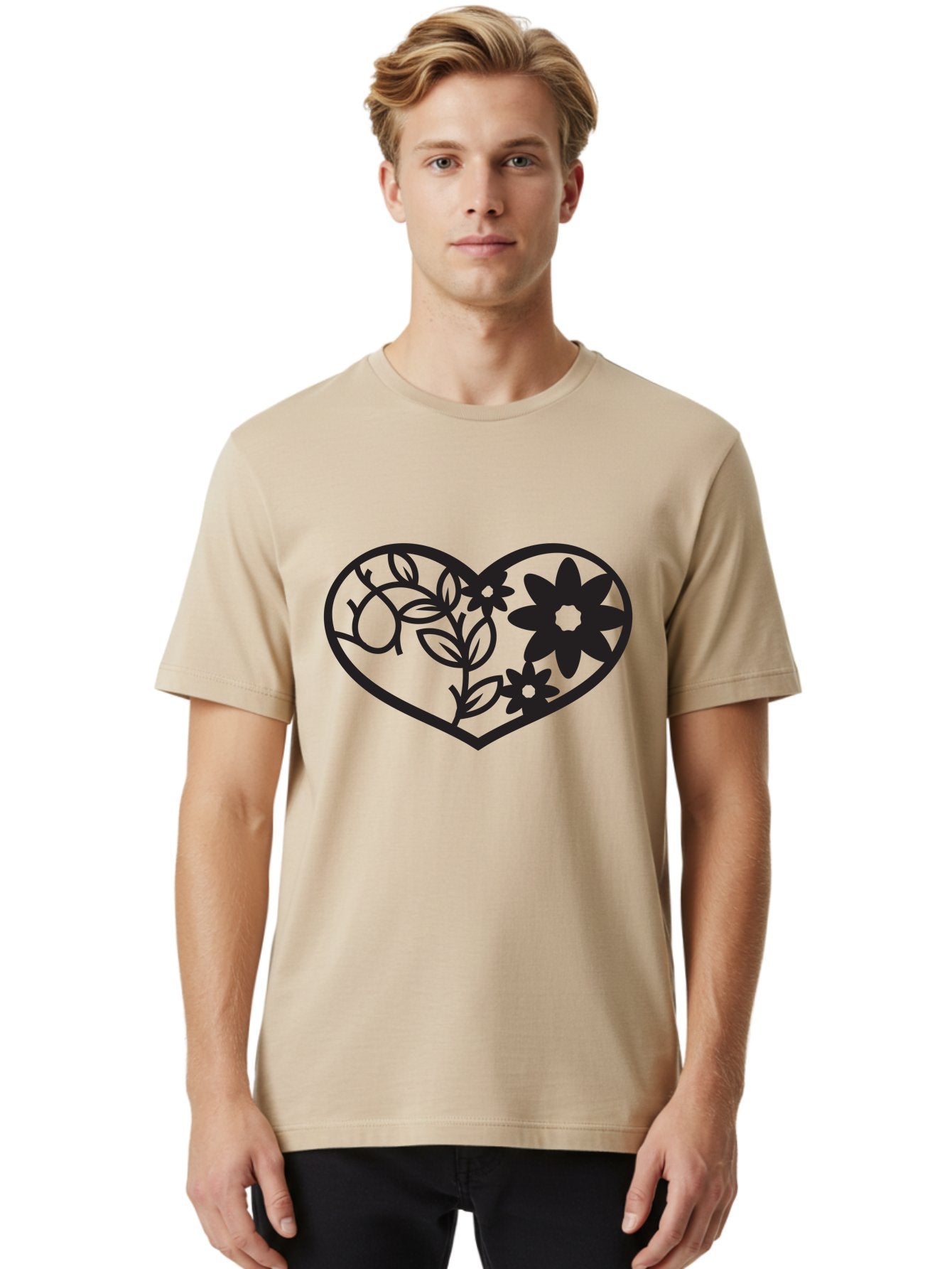 Floral-Heart Men'S Graphic Tee, 100% Cotton, Comfortable Casual Summer Wear, Machine Washable, Heart Shape, Floral Design, Flowers, Leaves, Botanical Elements, Love Symbol, Decorative Art, Simple Illustrations, Minimalist Style, Flower Motifs Aab269 27