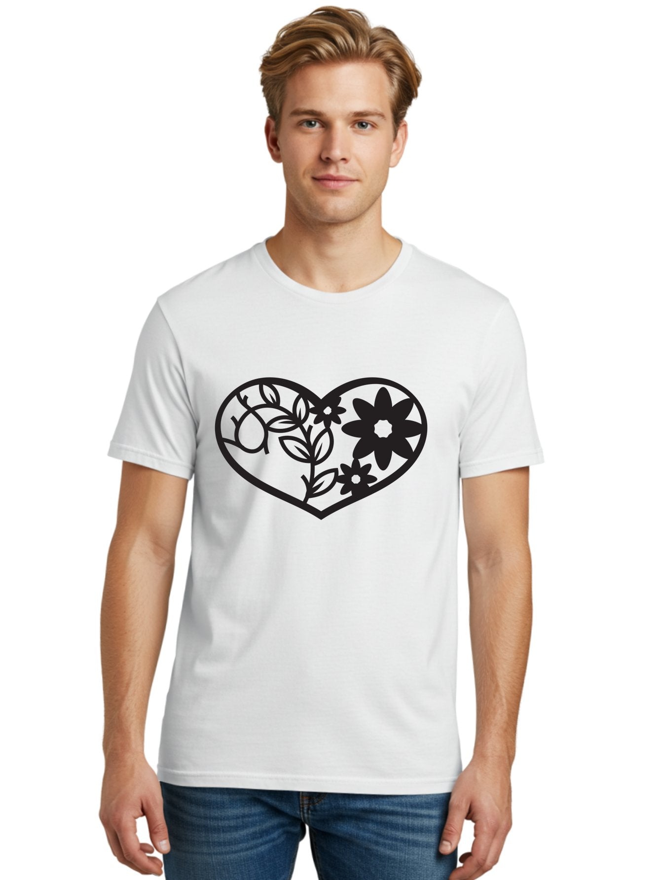 Floral-Heart Men'S Graphic Tee, 100% Cotton, Comfortable Casual Summer Wear, Machine Washable, Heart Shape, Floral Design, Flowers, Leaves, Botanical Elements, Love Symbol, Decorative Art, Simple Illustrations, Minimalist Style, Flower Motifs Aab269 23