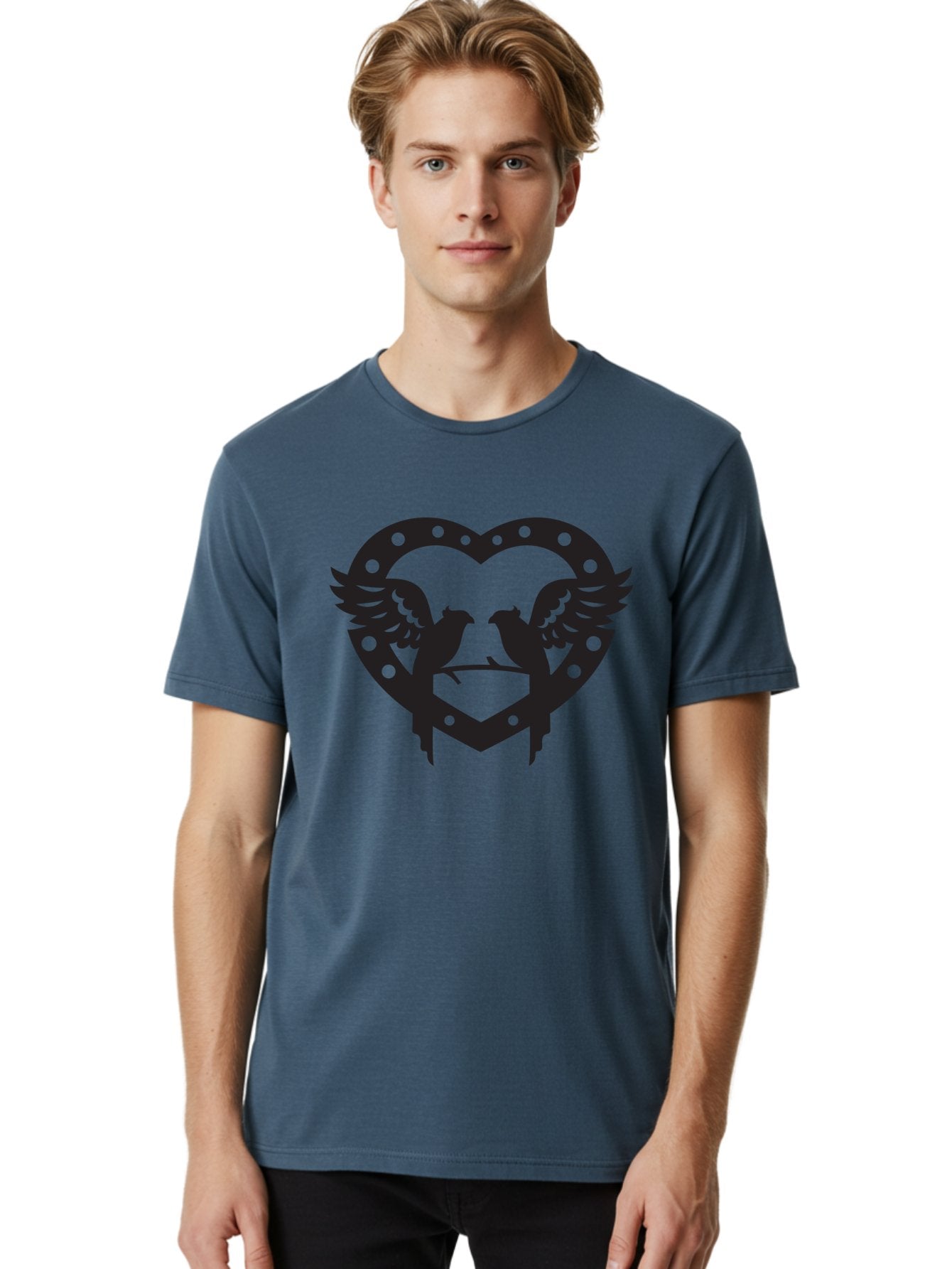 Heart-Birds Men'S Graphic Tee, 100% Cotton, Comfortable Casual Summer Wear, Machine Washable, Love Birds, Heart Shape, Decorative Key, Symbol Of Love, Romantic Motifs, Valentine'S Day Theme, Couple Birds, Winged Hearts, Ornate Design, Aab273 27