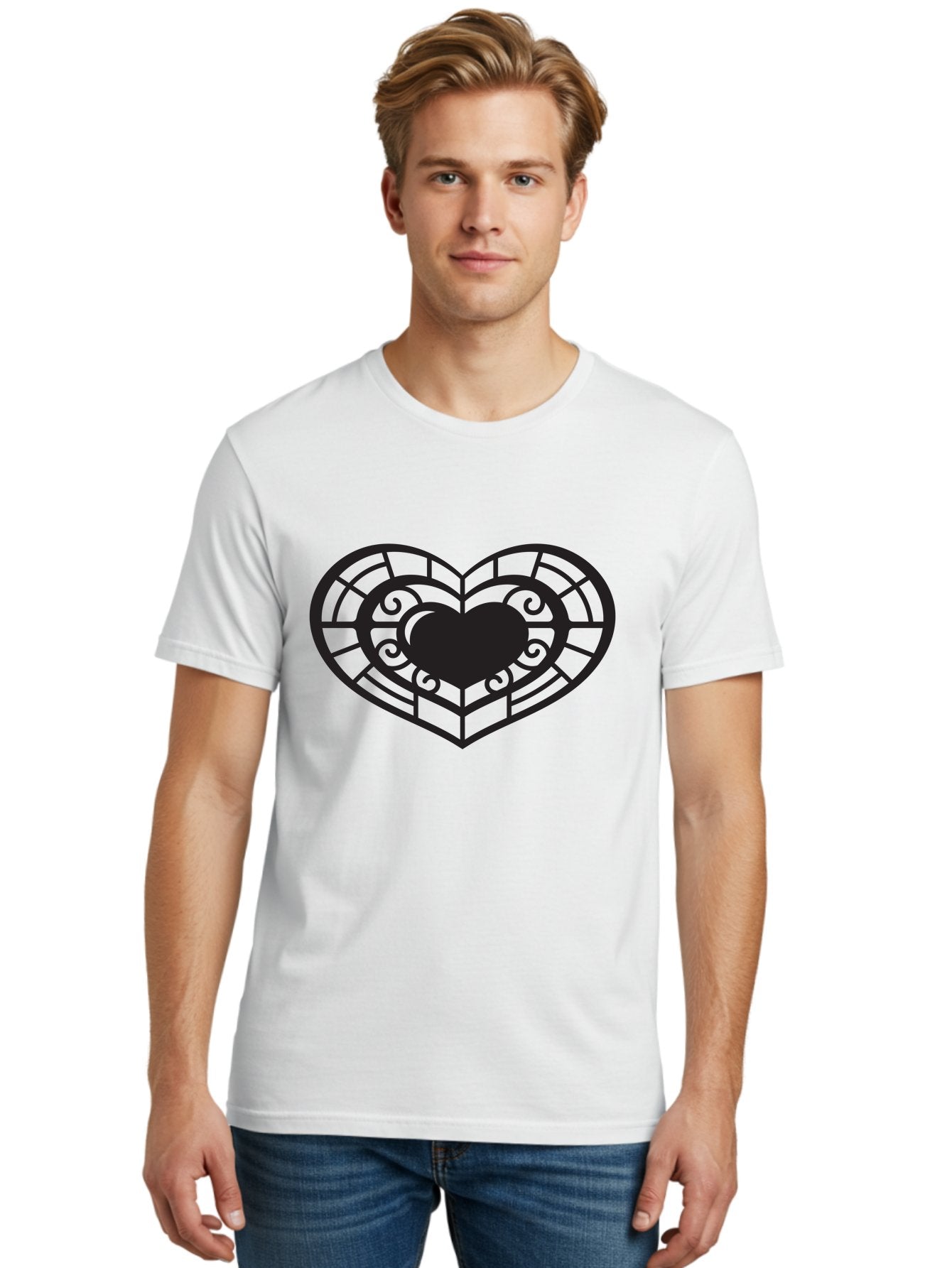 Heart-Design Men'S Graphic Tee, 100% Cotton, Comfortable Casual Summer Wear, Machine Washable, Stained Glass Heart, Decorative Heart, Intricate Design, Heart Silhouette, Ornate Pattern, Swirling Shapes, Love Symbol, Valentines Day Aab274 25