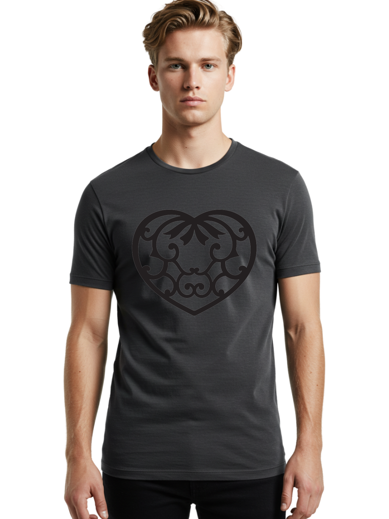 Heart-Filigree Men'S Graphic Tee, 100% Cotton, Comfortable Casual Summer Wear, Machine Washable, Filigree Heart, Floral Pattern, Heart Shape, Black Design, Ornate Details, Elegant Style, Romantic Symbol, Decorative Art Aab275 8