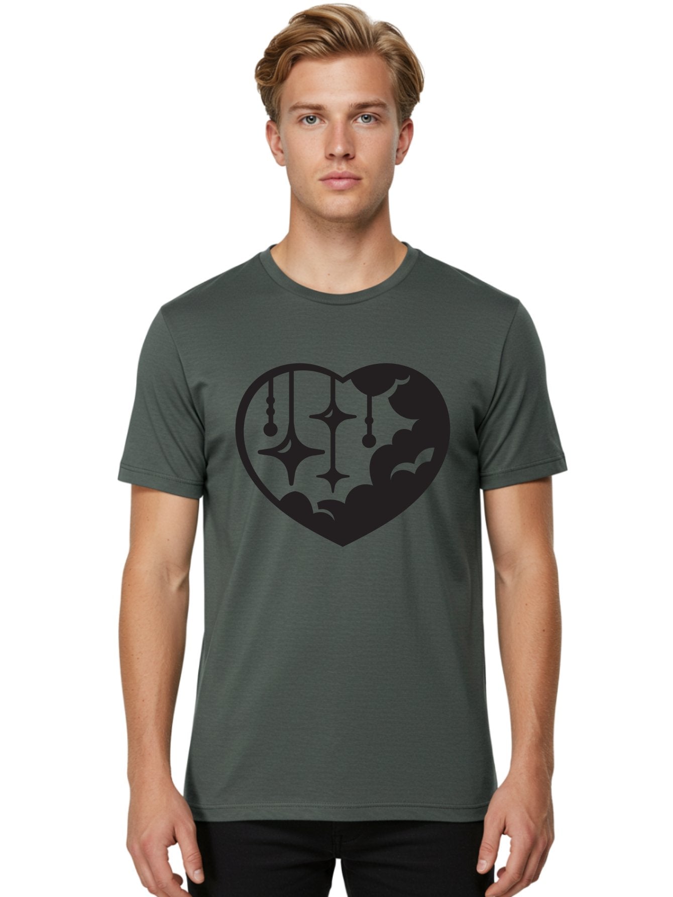 Heart-With-Clouds-And-Stars Men'S Graphic Tee, 100% Cotton, Comfortable Casual Summer Wear, Machine Washable, Heart Shape, Clouds, Stars, Celestial Design, Mystical Patterns, Whimsical Art, Dreamy Silhouettes, Abstract Shapes, Symbolic Heart Aab280 30