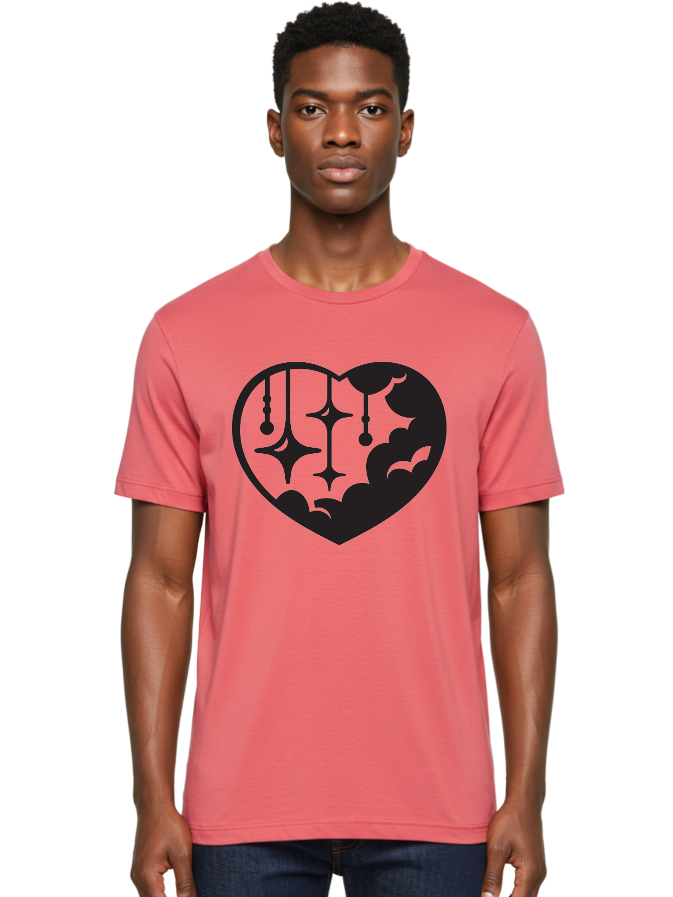 Heart-With-Clouds-And-Stars Men'S Graphic Tee, 100% Cotton, Comfortable Casual Summer Wear, Machine Washable, Heart Shape, Clouds, Stars, Celestial Design, Mystical Patterns, Whimsical Art, Dreamy Silhouettes, Abstract Shapes, Symbolic Heart Aab280 6