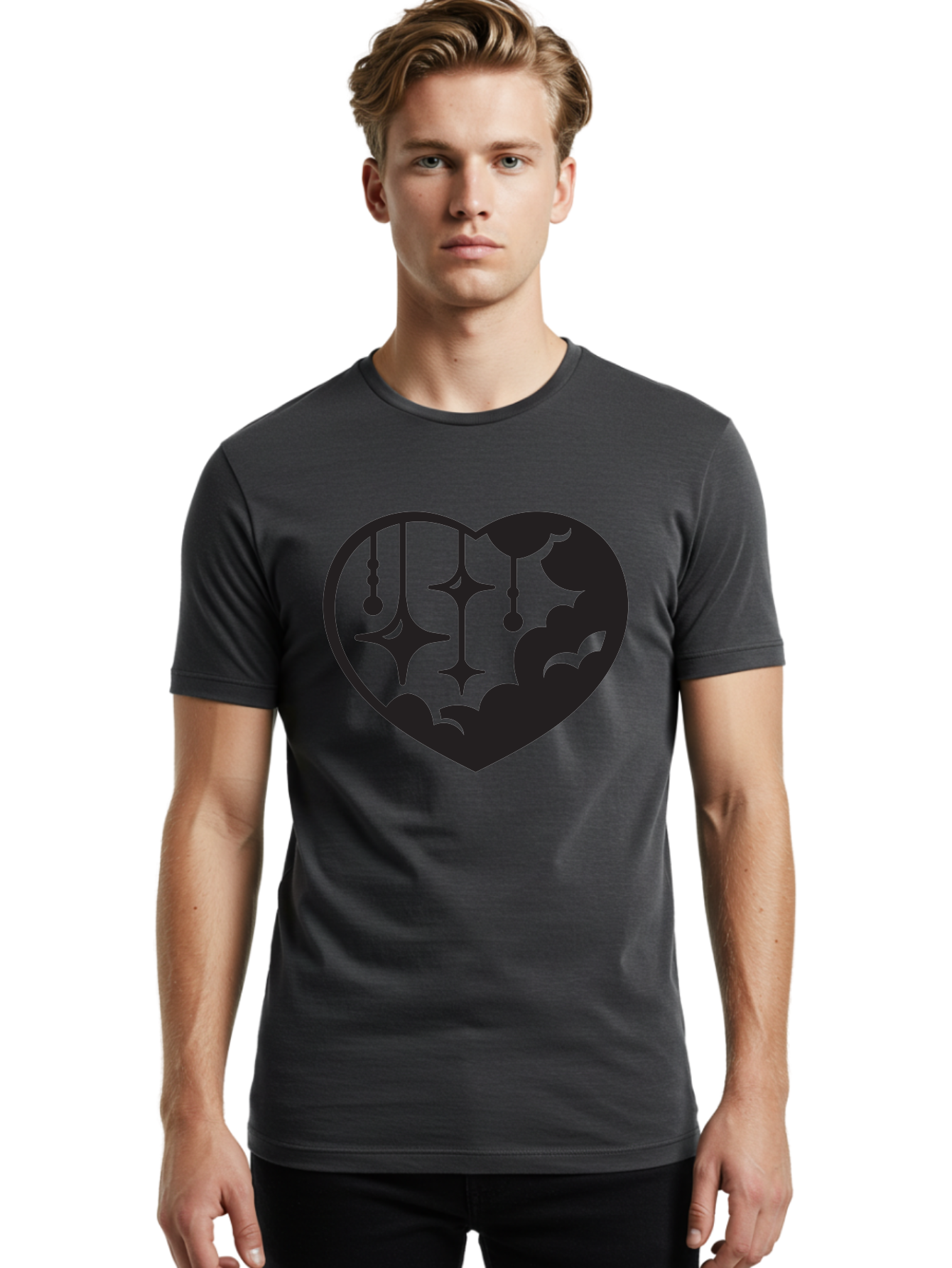 Heart-With-Clouds-And-Stars Men'S Graphic Tee, 100% Cotton, Comfortable Casual Summer Wear, Machine Washable, Heart Shape, Clouds, Stars, Celestial Design, Mystical Patterns, Whimsical Art, Dreamy Silhouettes, Abstract Shapes, Symbolic Heart Aab280 8