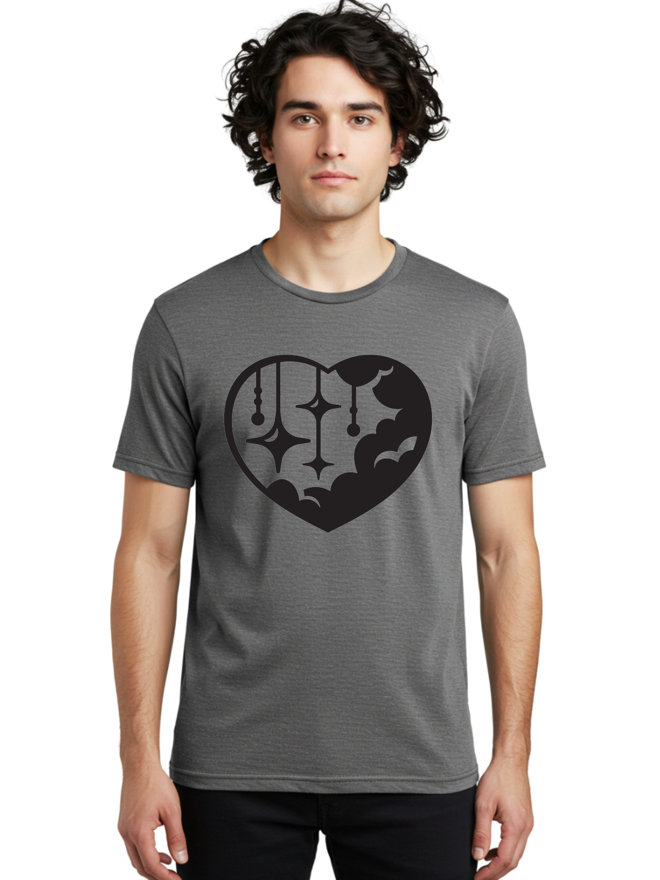 Heart-With-Clouds-And-Stars Men'S Graphic Tee, 100% Cotton, Comfortable Casual Summer Wear, Machine Washable, Heart Shape, Clouds, Stars, Celestial Design, Mystical Patterns, Whimsical Art, Dreamy Silhouettes, Abstract Shapes, Symbolic Heart Aab280 10