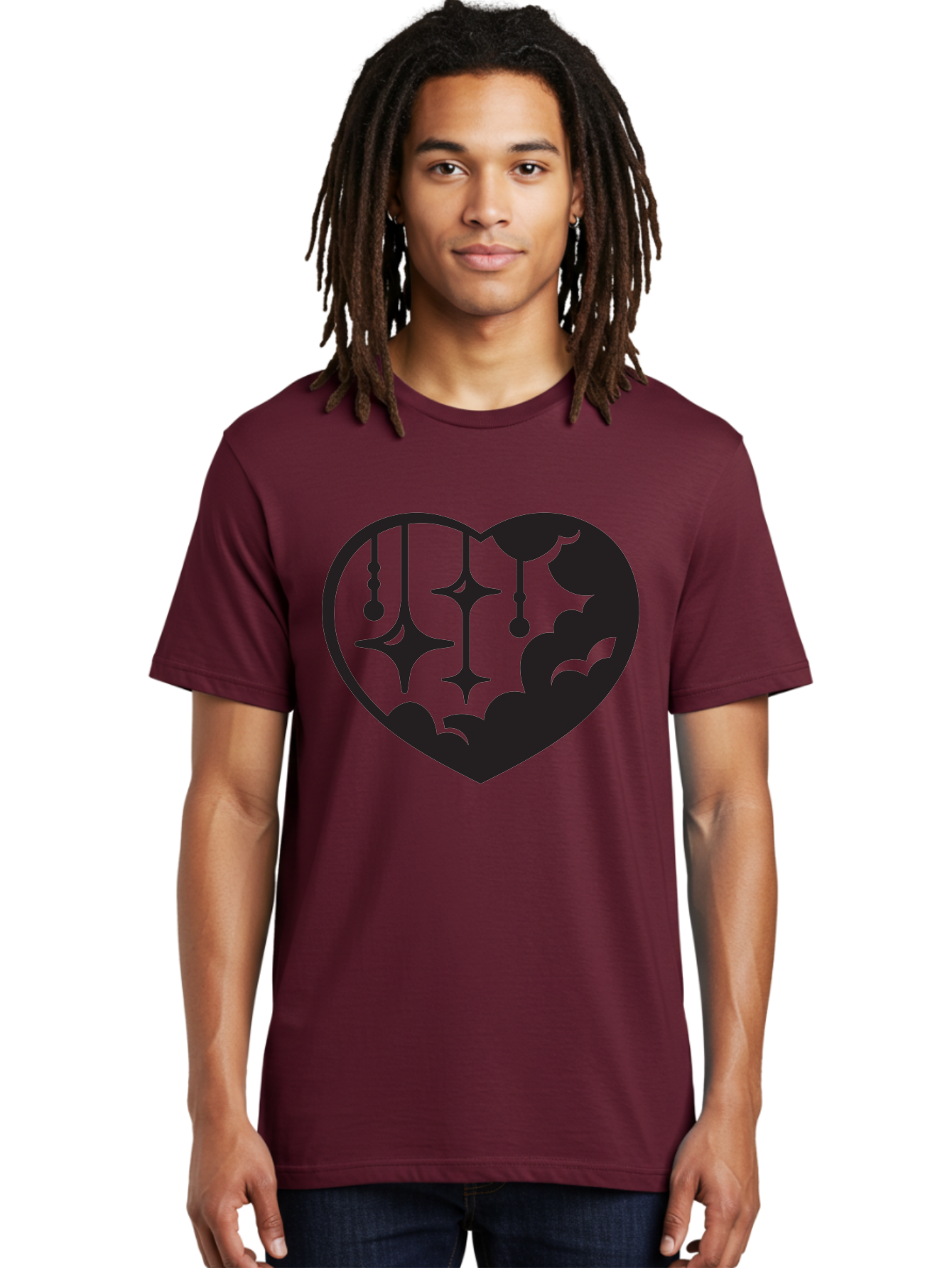 Heart-With-Clouds-And-Stars Men'S Graphic Tee, 100% Cotton, Comfortable Casual Summer Wear, Machine Washable, Heart Shape, Clouds, Stars, Celestial Design, Mystical Patterns, Whimsical Art, Dreamy Silhouettes, Abstract Shapes, Symbolic Heart Aab280 14