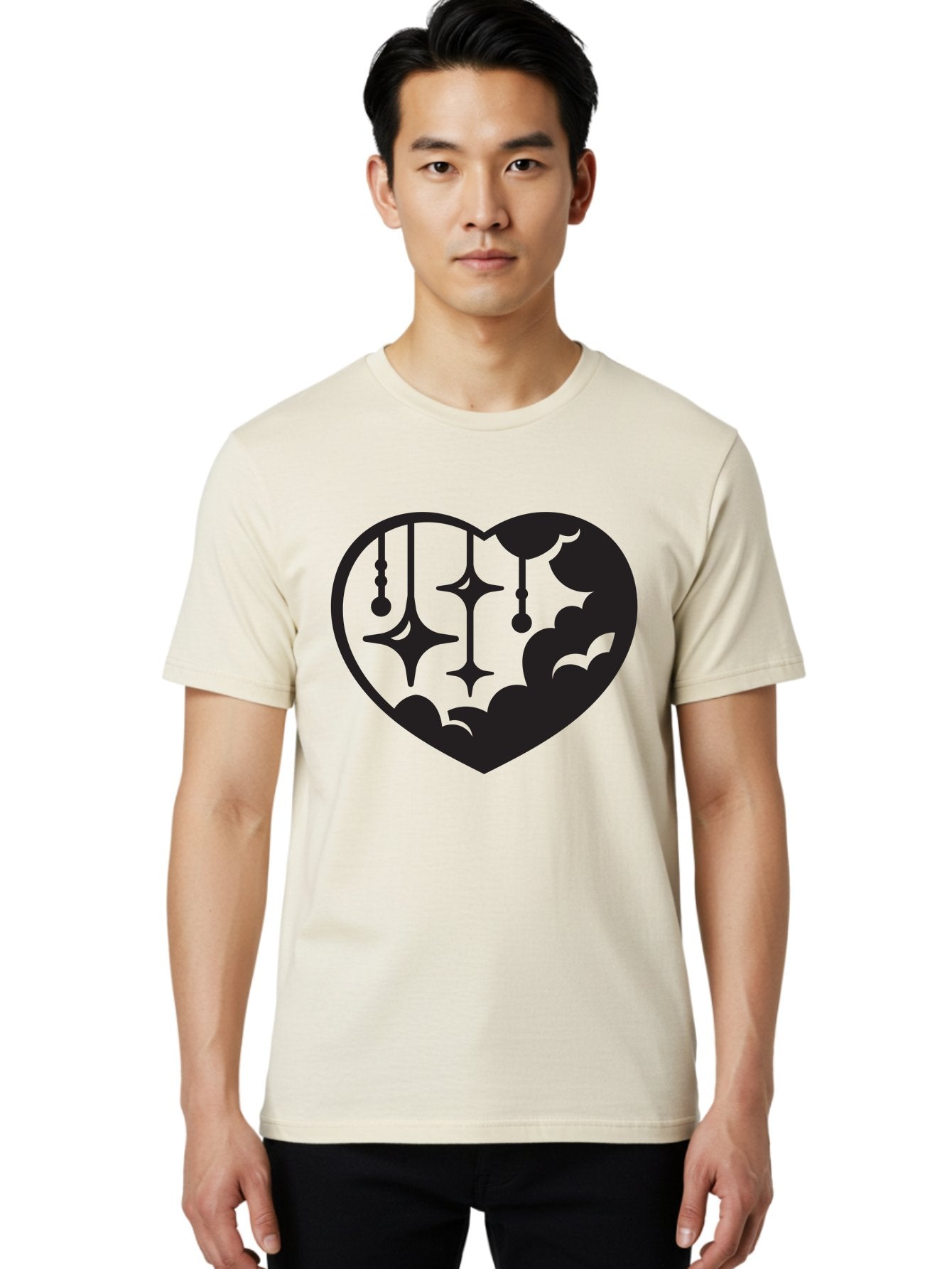 Heart-With-Clouds-And-Stars Men'S Graphic Tee, 100% Cotton, Comfortable Casual Summer Wear, Machine Washable, Heart Shape, Clouds, Stars, Celestial Design, Mystical Patterns, Whimsical Art, Dreamy Silhouettes, Abstract Shapes, Symbolic Heart Aab280 25