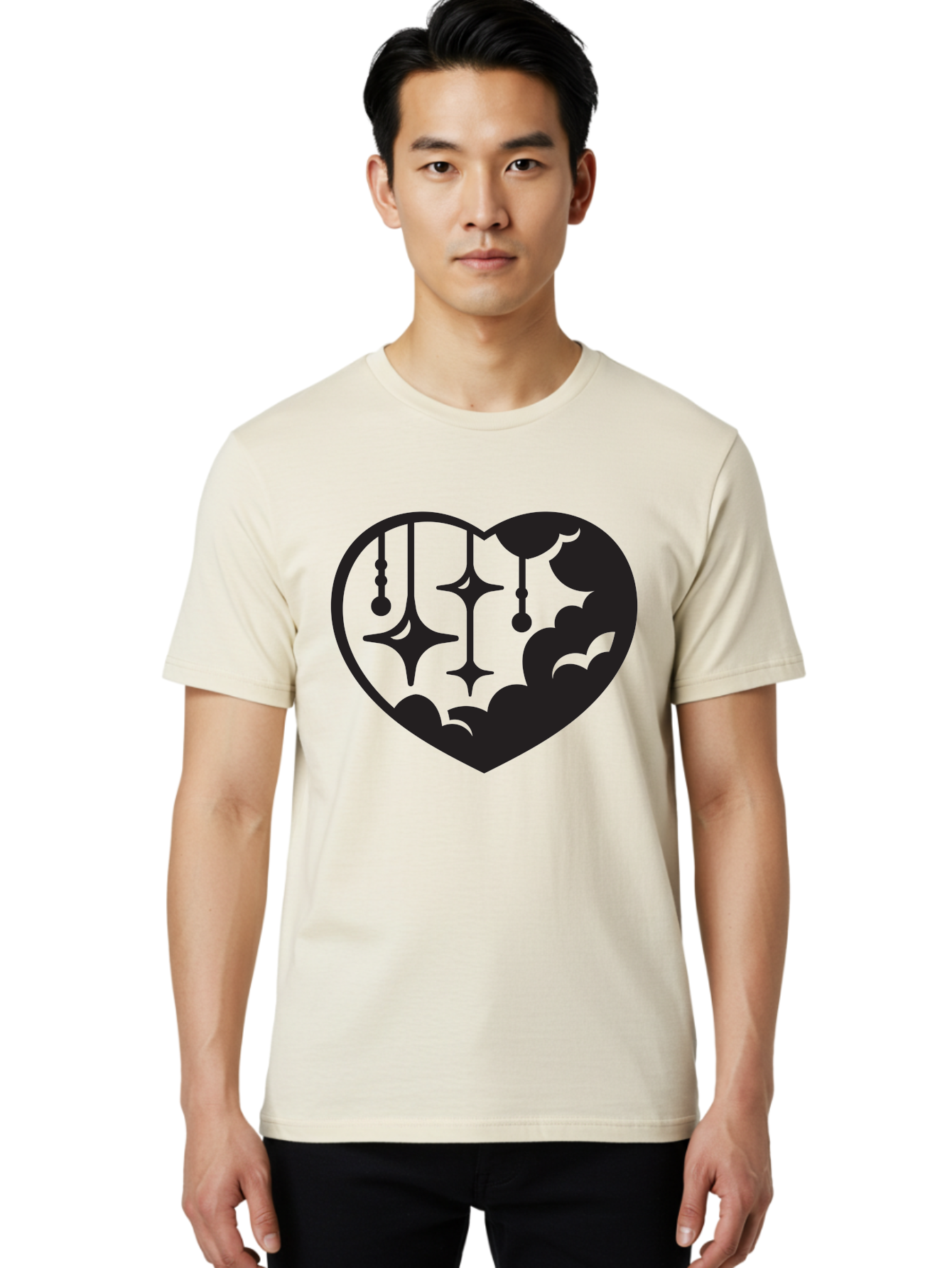 Heart-With-Clouds-And-Stars Men'S Graphic Tee, 100% Cotton, Comfortable Casual Summer Wear, Machine Washable, Heart Shape, Clouds, Stars, Celestial Design, Mystical Patterns, Whimsical Art, Dreamy Silhouettes, Abstract Shapes, Symbolic Heart Aab280 18