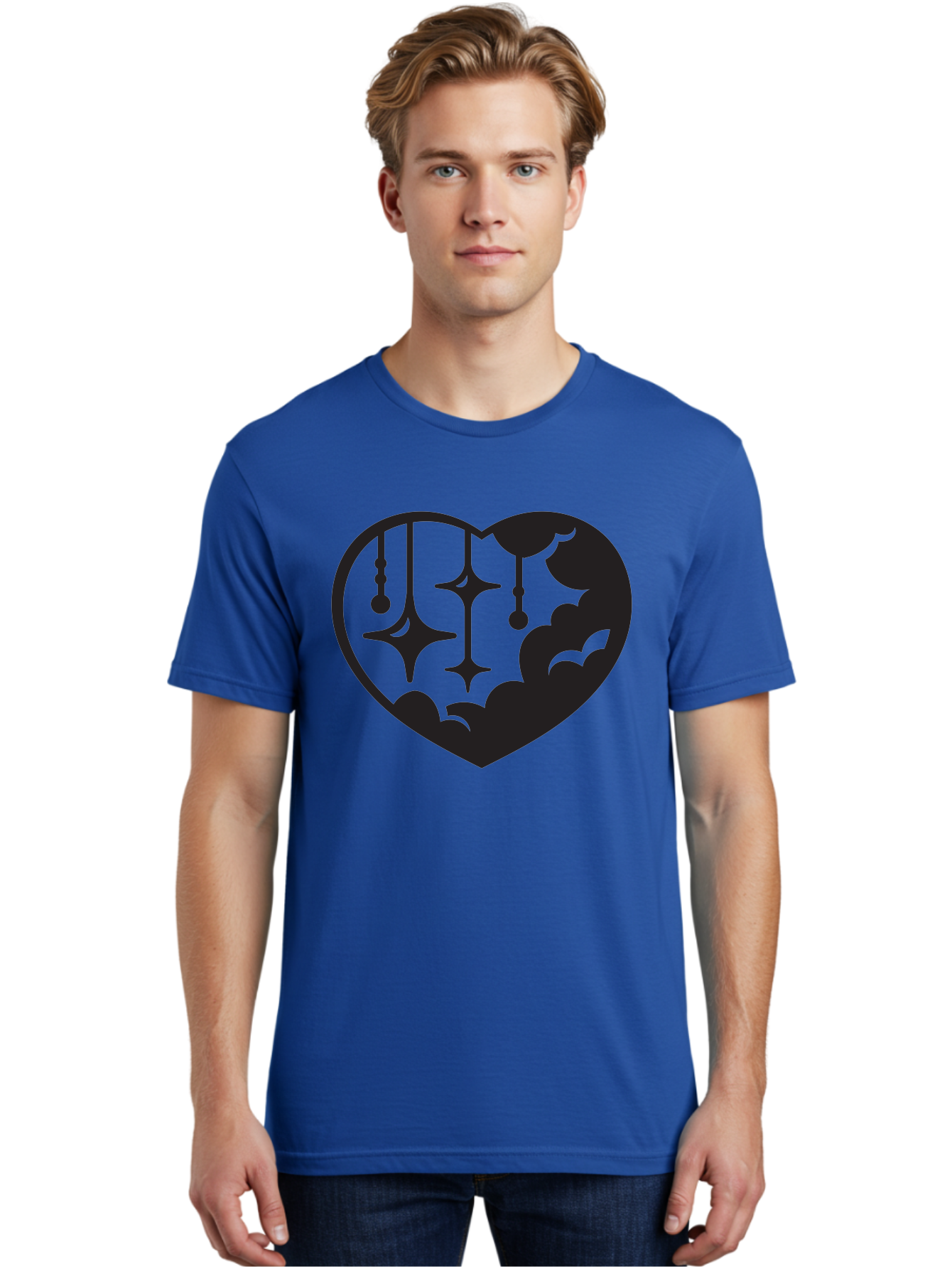 Heart-With-Clouds-And-Stars Men'S Graphic Tee, 100% Cotton, Comfortable Casual Summer Wear, Machine Washable, Heart Shape, Clouds, Stars, Celestial Design, Mystical Patterns, Whimsical Art, Dreamy Silhouettes, Abstract Shapes, Symbolic Heart Aab280 26