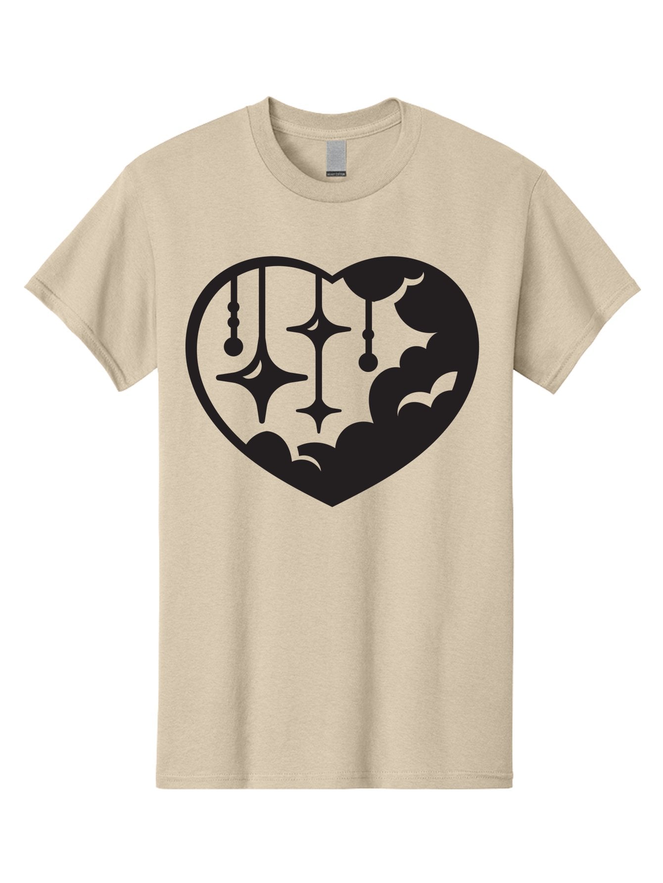 Heart-With-Clouds-And-Stars Men'S Graphic Tee, 100% Cotton, Comfortable Casual Summer Wear, Machine Washable, Heart Shape, Clouds, Stars, Celestial Design, Mystical Patterns, Whimsical Art, Dreamy Silhouettes, Abstract Shapes, Symbolic Heart Aab280 11