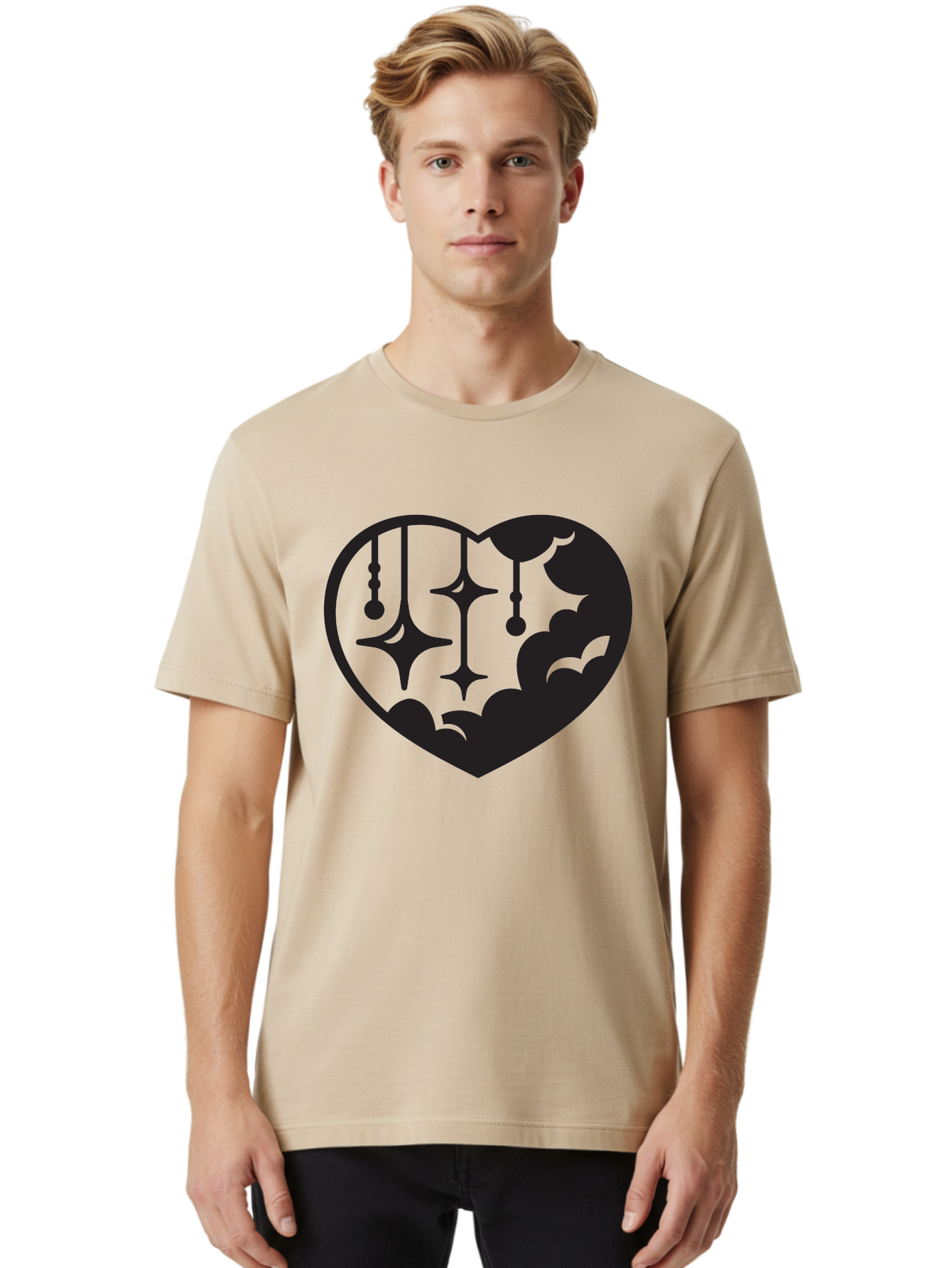 Heart-With-Clouds-And-Stars Men'S Graphic Tee, 100% Cotton, Comfortable Casual Summer Wear, Machine Washable, Heart Shape, Clouds, Stars, Celestial Design, Mystical Patterns, Whimsical Art, Dreamy Silhouettes, Abstract Shapes, Symbolic Heart Aab280 28