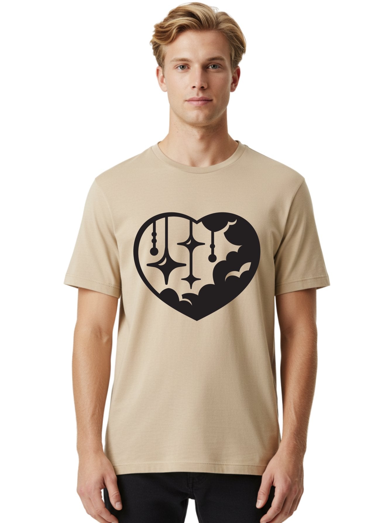 Heart-With-Clouds-And-Stars Men'S Graphic Tee, 100% Cotton, Comfortable Casual Summer Wear, Machine Washable, Heart Shape, Clouds, Stars, Celestial Design, Mystical Patterns, Whimsical Art, Dreamy Silhouettes, Abstract Shapes, Symbolic Heart Aab280 27