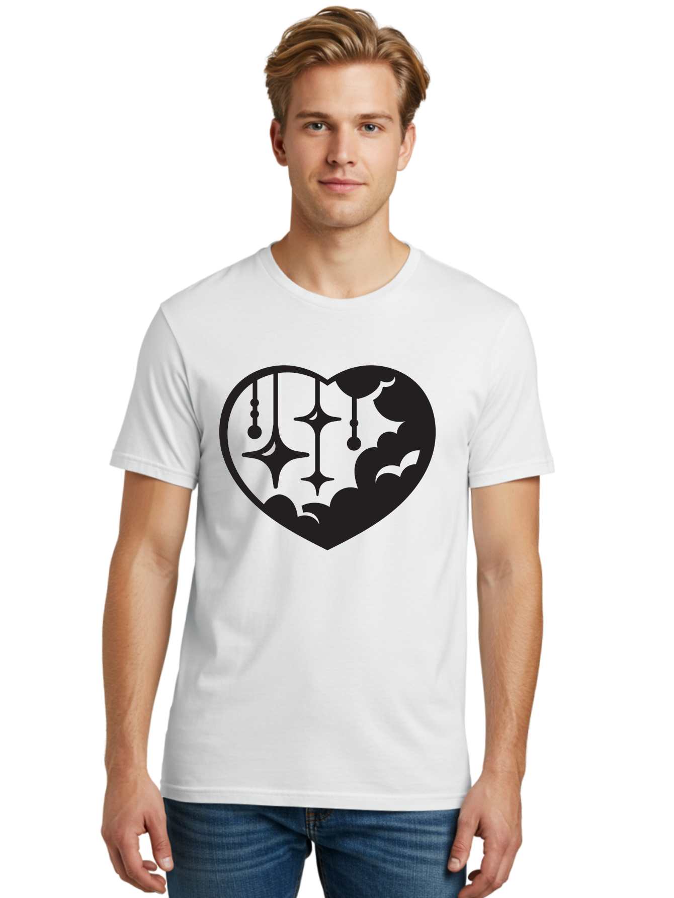 Heart-With-Clouds-And-Stars Men'S Graphic Tee, 100% Cotton, Comfortable Casual Summer Wear, Machine Washable, Heart Shape, Clouds, Stars, Celestial Design, Mystical Patterns, Whimsical Art, Dreamy Silhouettes, Abstract Shapes, Symbolic Heart Aab280 30
