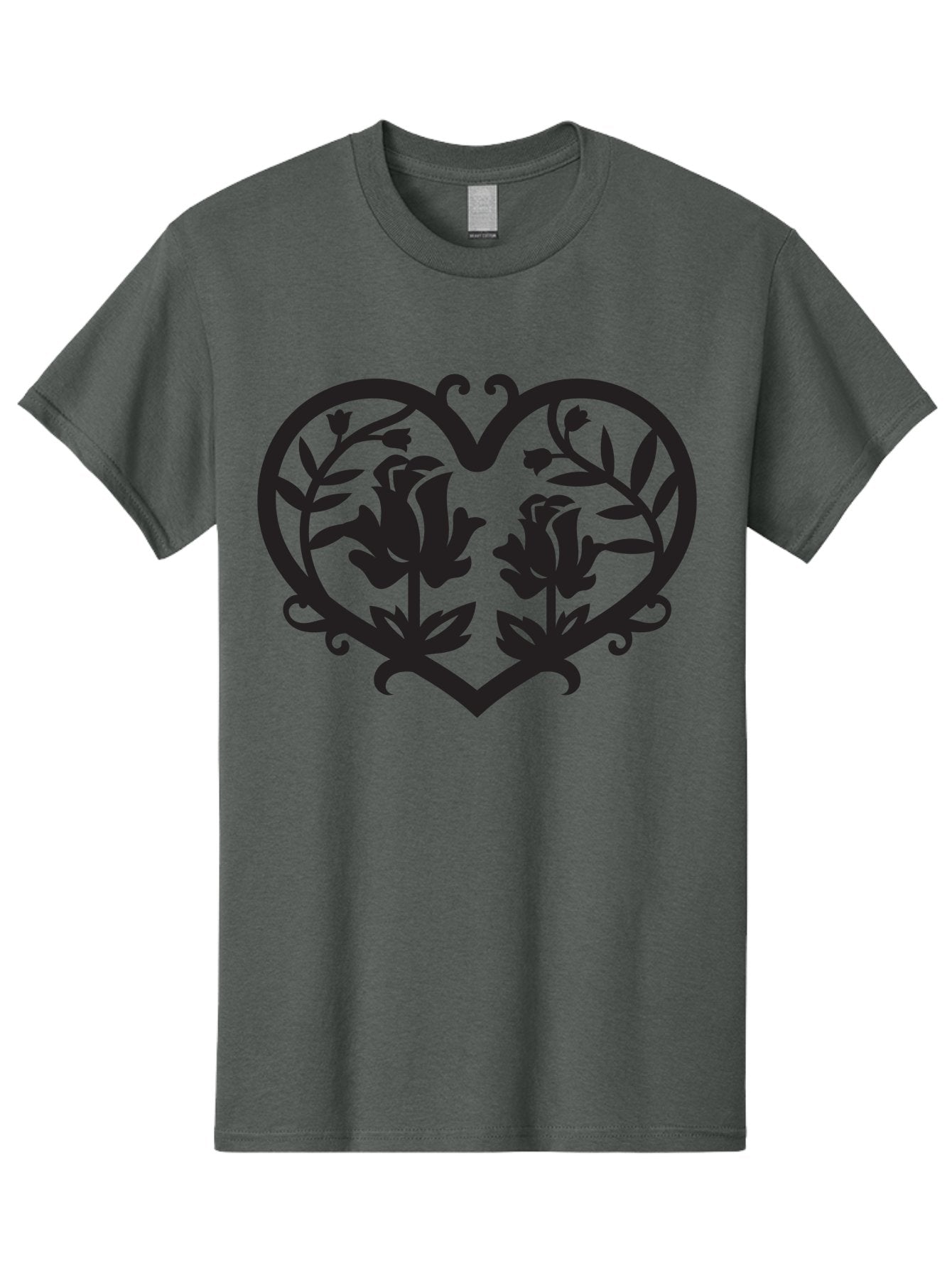 Heart-With-Flowers Men'S Graphic Tee, 100% Cotton, Comfortable Casual Summer Wear, Machine Washable, Heart Shape, Floral Design, Black Silhouette, Rose Flowers, Leaves And Vines, Decorative Elements, Symbolic Heart, Intricate Details, Aab282 4