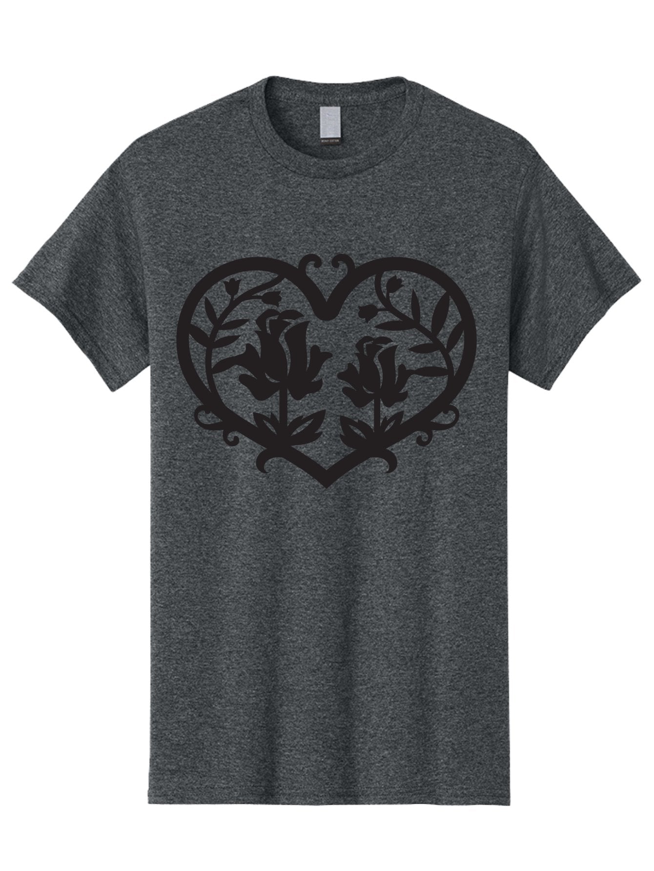 Heart-With-Flowers Men'S Graphic Tee, 100% Cotton, Comfortable Casual Summer Wear, Machine Washable, Heart Shape, Floral Design, Black Silhouette, Rose Flowers, Leaves And Vines, Decorative Elements, Symbolic Heart, Intricate Details, Aab282 8