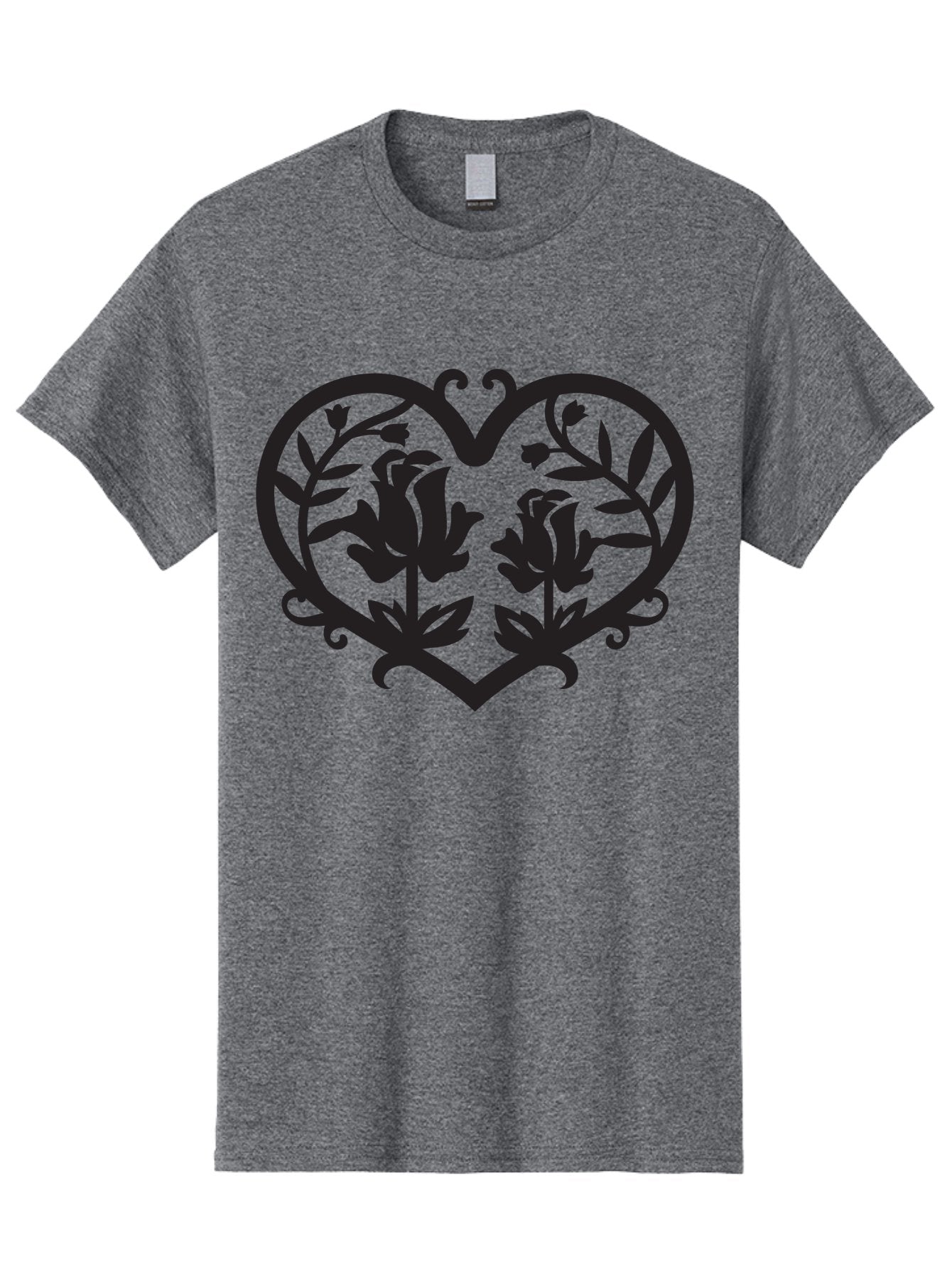 Heart-With-Flowers Men'S Graphic Tee, 100% Cotton, Comfortable Casual Summer Wear, Machine Washable, Heart Shape, Floral Design, Black Silhouette, Rose Flowers, Leaves And Vines, Decorative Elements, Symbolic Heart, Intricate Details, Aab282 11
