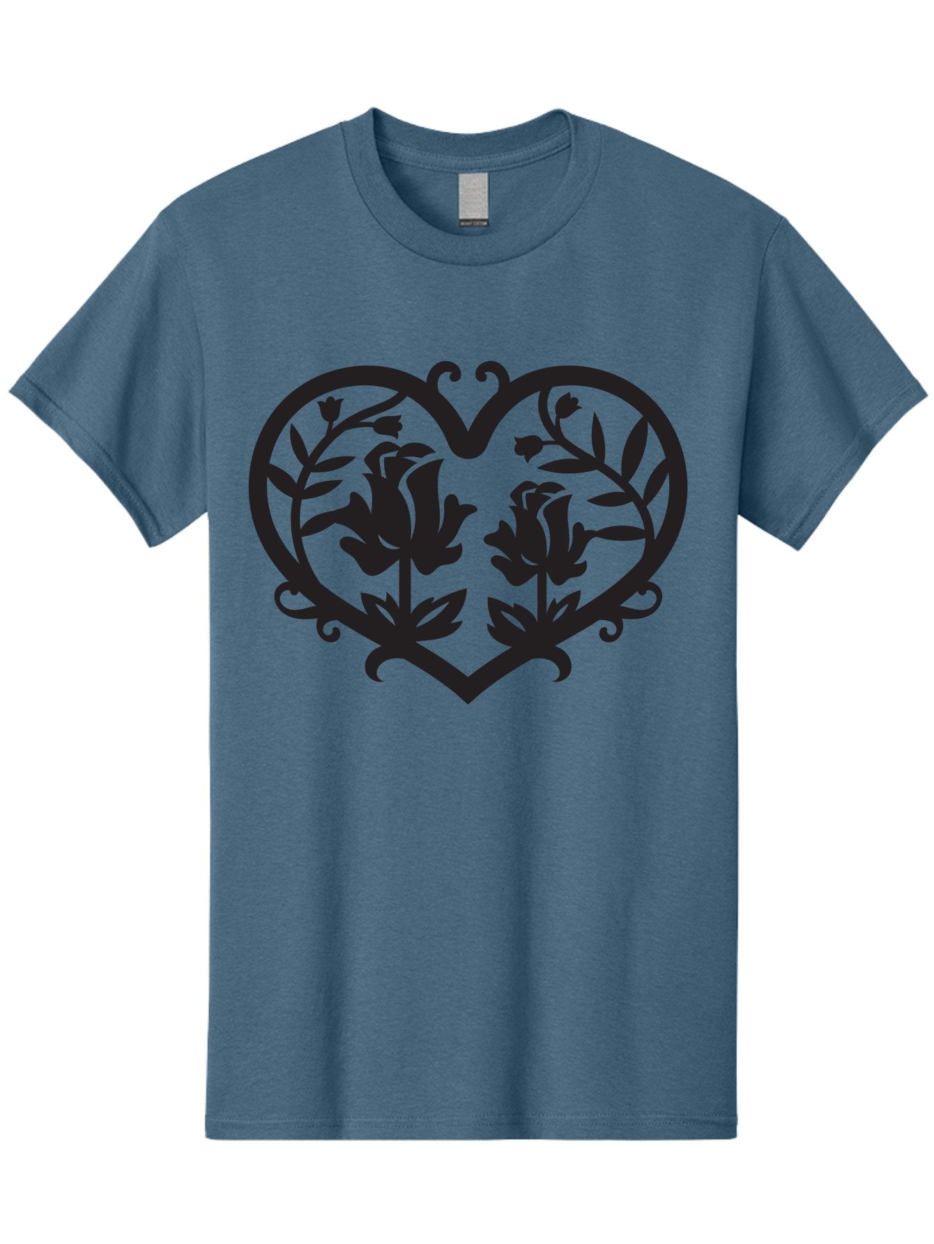 Heart-With-Flowers Men'S Graphic Tee, 100% Cotton, Comfortable Casual Summer Wear, Machine Washable, Heart Shape, Floral Design, Black Silhouette, Rose Flowers, Leaves And Vines, Decorative Elements, Symbolic Heart, Intricate Details, Aab282