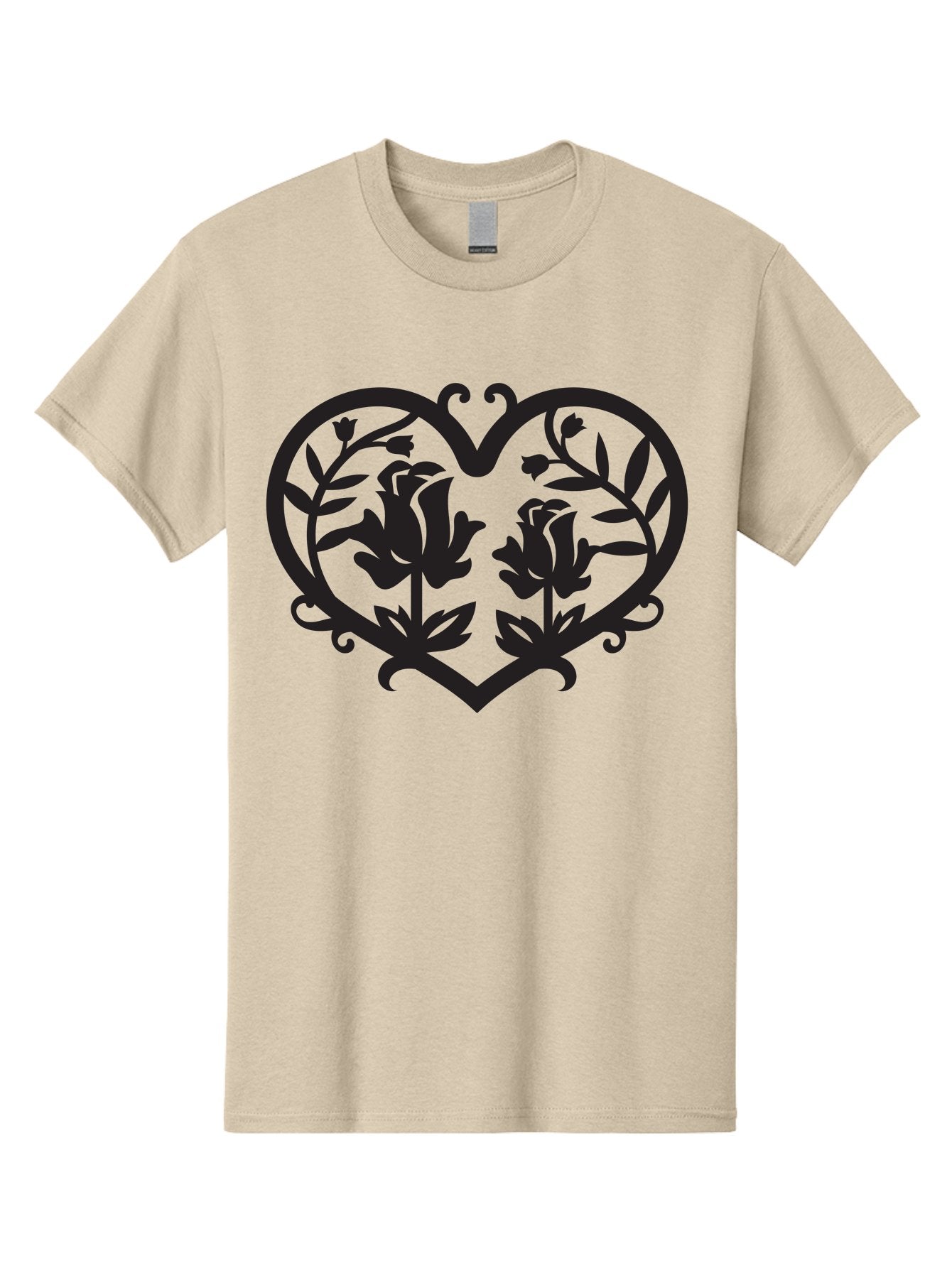 Heart-With-Flowers Men'S Graphic Tee, 100% Cotton, Comfortable Casual Summer Wear, Machine Washable, Heart Shape, Floral Design, Black Silhouette, Rose Flowers, Leaves And Vines, Decorative Elements, Symbolic Heart, Intricate Details, Aab282 15