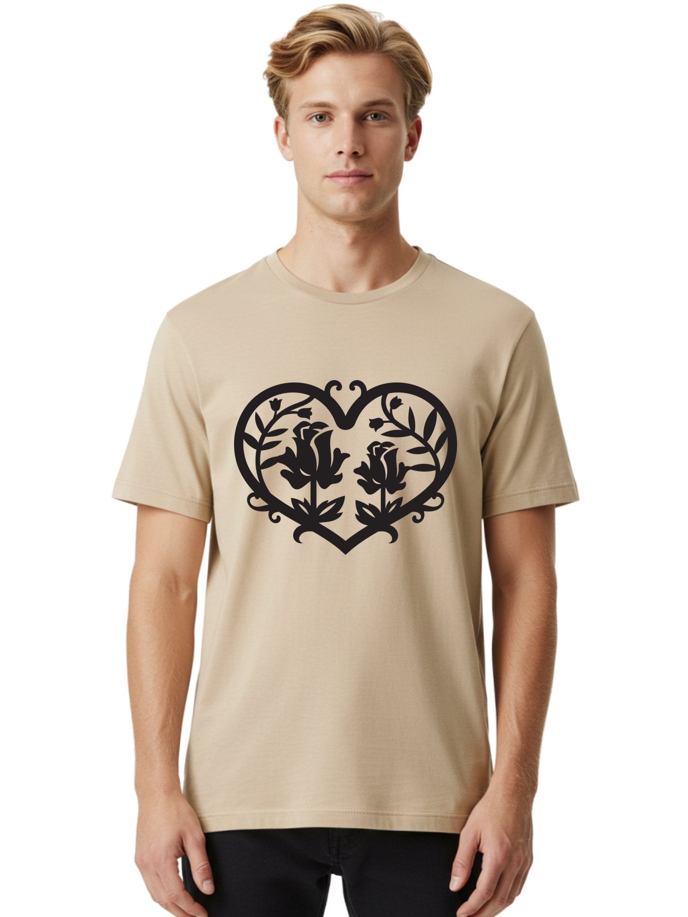 Heart-With-Flowers Men'S Graphic Tee, 100% Cotton, Comfortable Casual Summer Wear, Machine Washable, Heart Shape, Floral Design, Black Silhouette, Rose Flowers, Leaves And Vines, Decorative Elements, Symbolic Heart, Intricate Details, Aab282 30