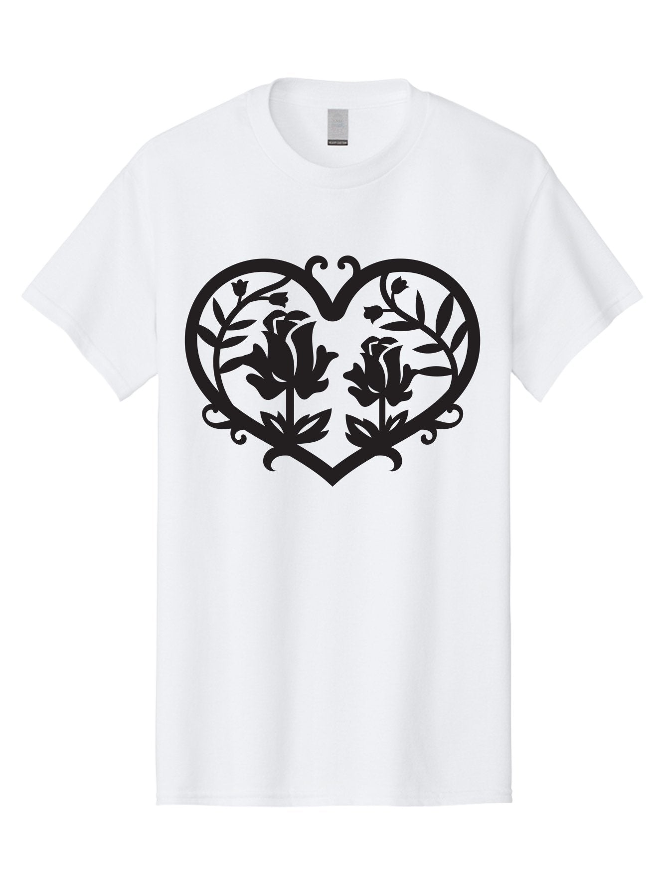 Heart-With-Flowers Men'S Graphic Tee, 100% Cotton, Comfortable Casual Summer Wear, Machine Washable, Heart Shape, Floral Design, Black Silhouette, Rose Flowers, Leaves And Vines, Decorative Elements, Symbolic Heart, Intricate Details, Aab282 12