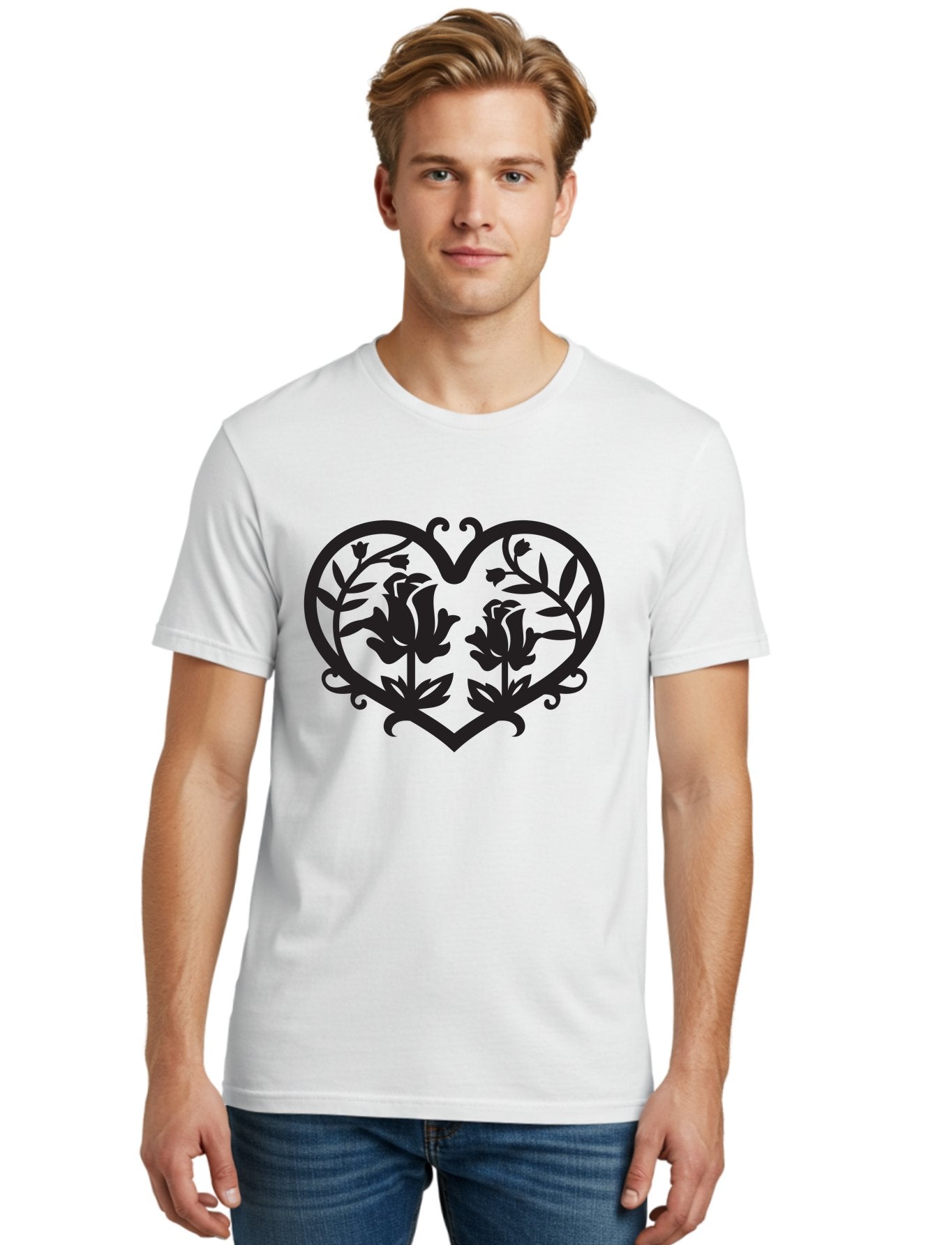 Heart-With-Flowers Men'S Graphic Tee, 100% Cotton, Comfortable Casual Summer Wear, Machine Washable, Heart Shape, Floral Design, Black Silhouette, Rose Flowers, Leaves And Vines, Decorative Elements, Symbolic Heart, Intricate Details, Aab282 28