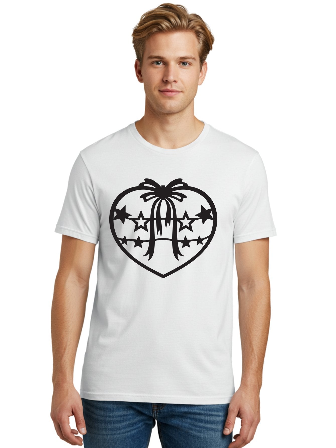 Heart-With-Ribbon-And-Stars Men'S Graphic Tee, 100% Cotton, Comfortable Casual Summer Wear, Machine Washable, Heart Shape, Stars, Ribbon Bow, Love Symbol, Heart Design, Celestial Theme, Starry Night, Heart Graphic, Ribbon, Abstract Art Aab283 22