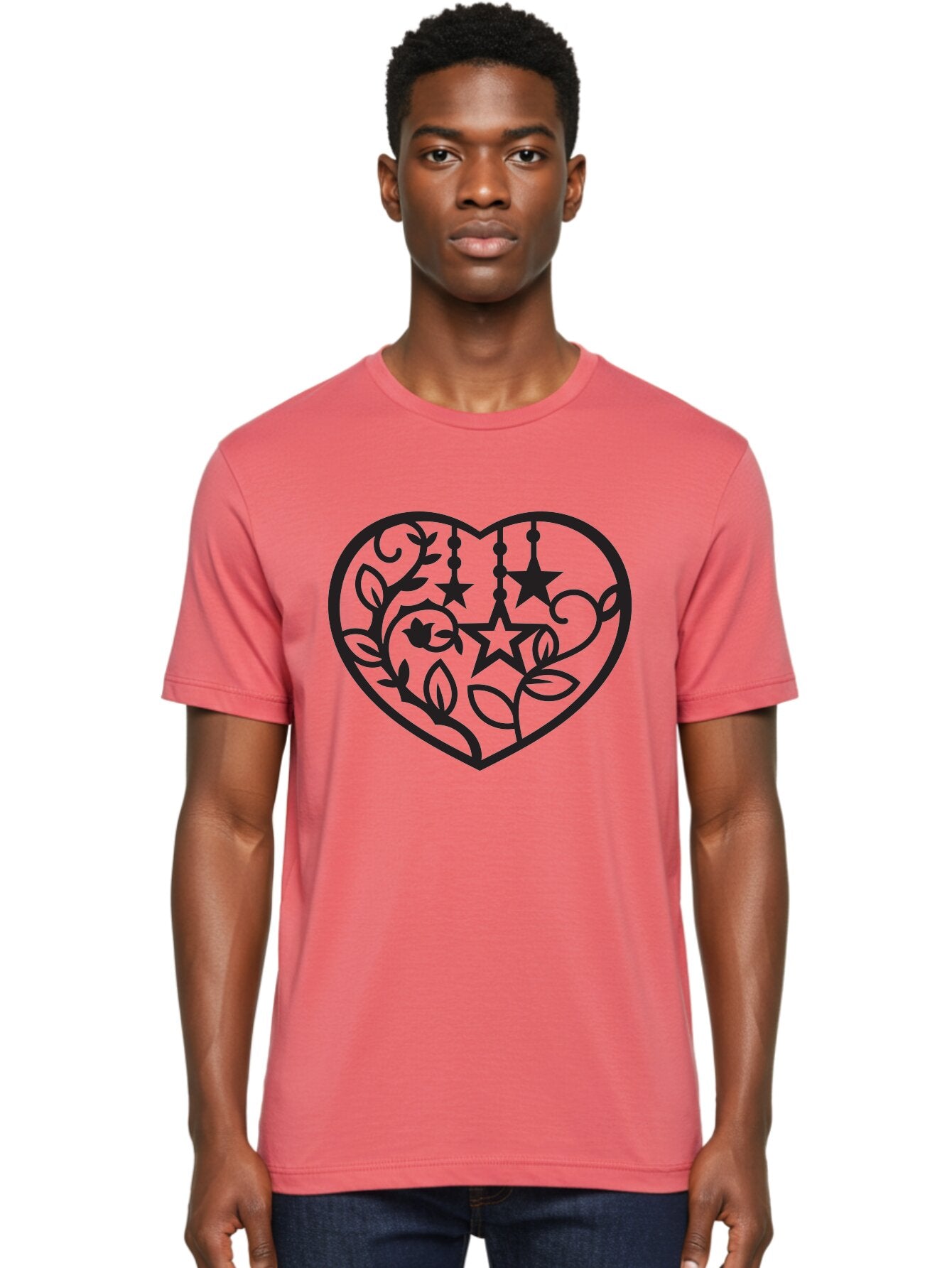 Heart-With-Stars-And-Leaves Men'S Graphic Tee, 100% Cotton, Comfortable Casual Summer Wear, Machine Washable, Heart Shape, Floral Design, Stars, Leaves, Vines, Decorative Elements, Symbolic Heart, Stylized Graphics, Minimalist Art Aab284 16