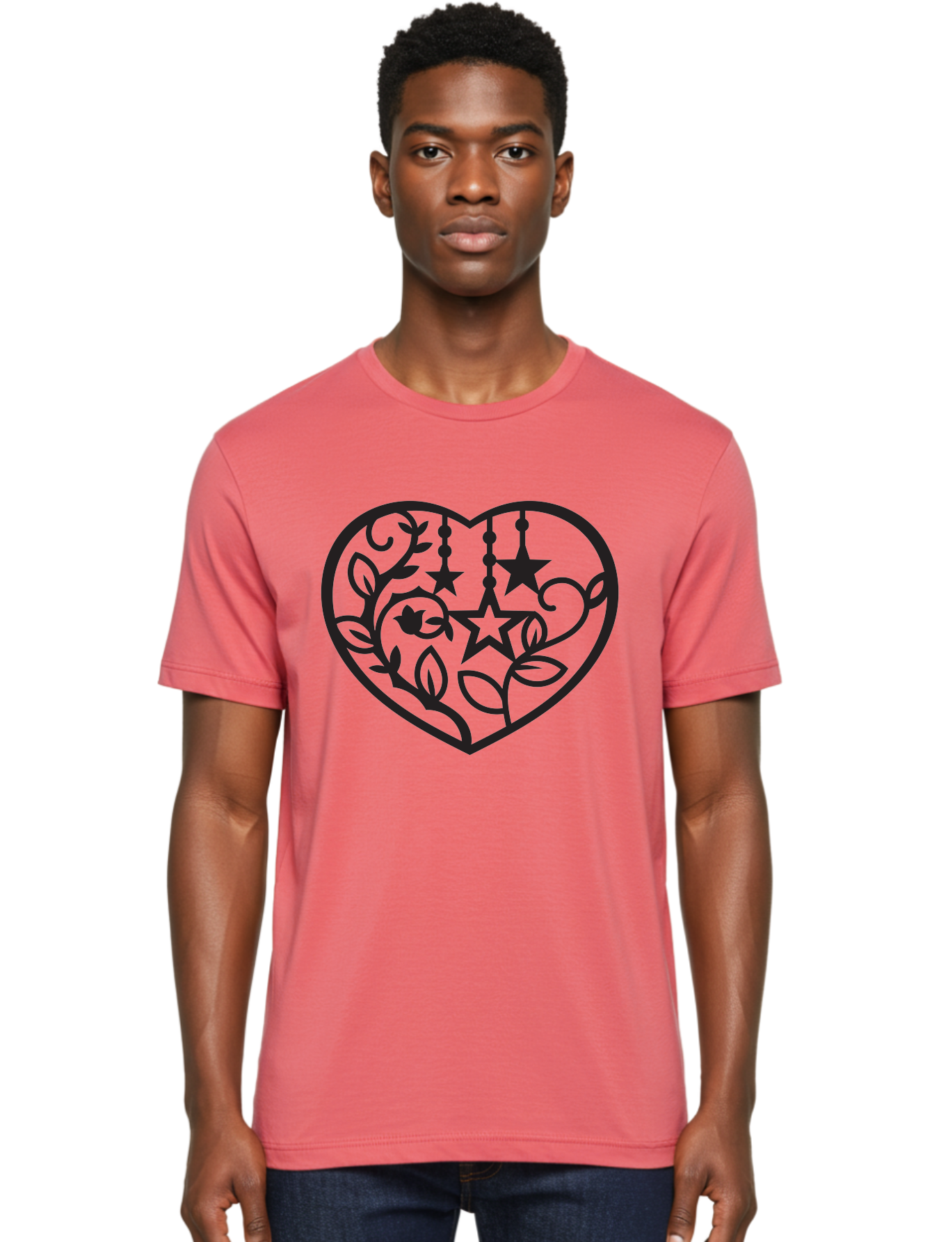 Heart-With-Stars-And-Leaves Men'S Graphic Tee, 100% Cotton, Comfortable Casual Summer Wear, Machine Washable, Heart Shape, Floral Design, Stars, Leaves, Vines, Decorative Elements, Symbolic Heart, Stylized Graphics, Minimalist Art Aab284 6
