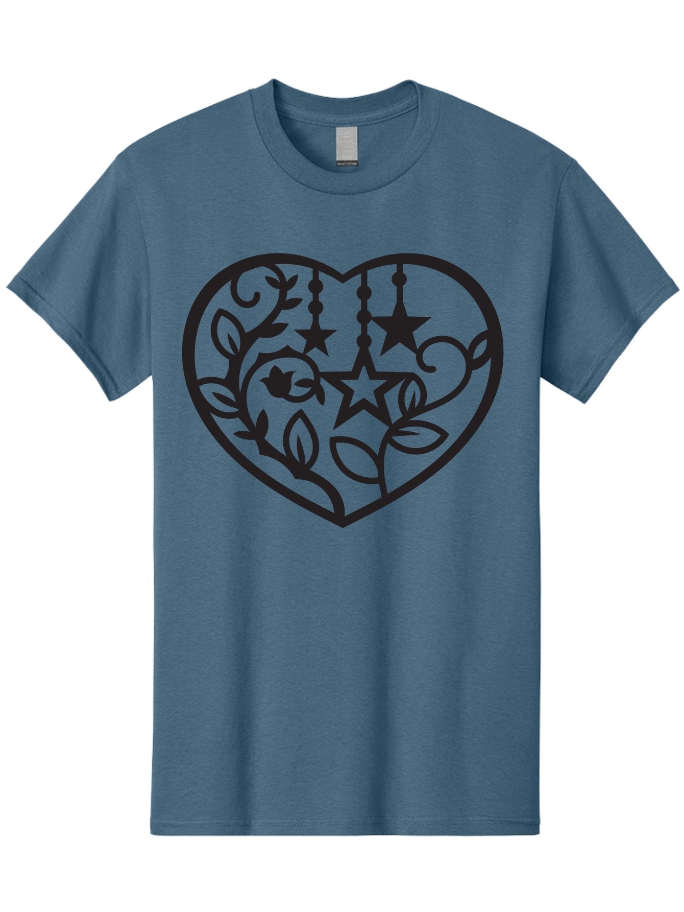 Heart-With-Stars-And-Leaves Men'S Graphic Tee, 100% Cotton, Comfortable Casual Summer Wear, Machine Washable, Heart Shape, Floral Design, Stars, Leaves, Vines, Decorative Elements, Symbolic Heart, Stylized Graphics, Minimalist Art Aab284