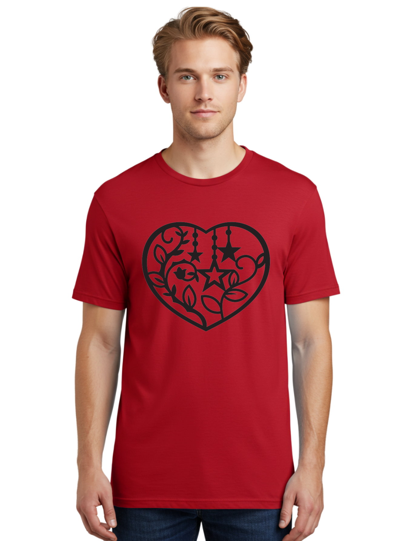 Heart-With-Stars-And-Leaves Men'S Graphic Tee, 100% Cotton, Comfortable Casual Summer Wear, Machine Washable, Heart Shape, Floral Design, Stars, Leaves, Vines, Decorative Elements, Symbolic Heart, Stylized Graphics, Minimalist Art Aab284 24