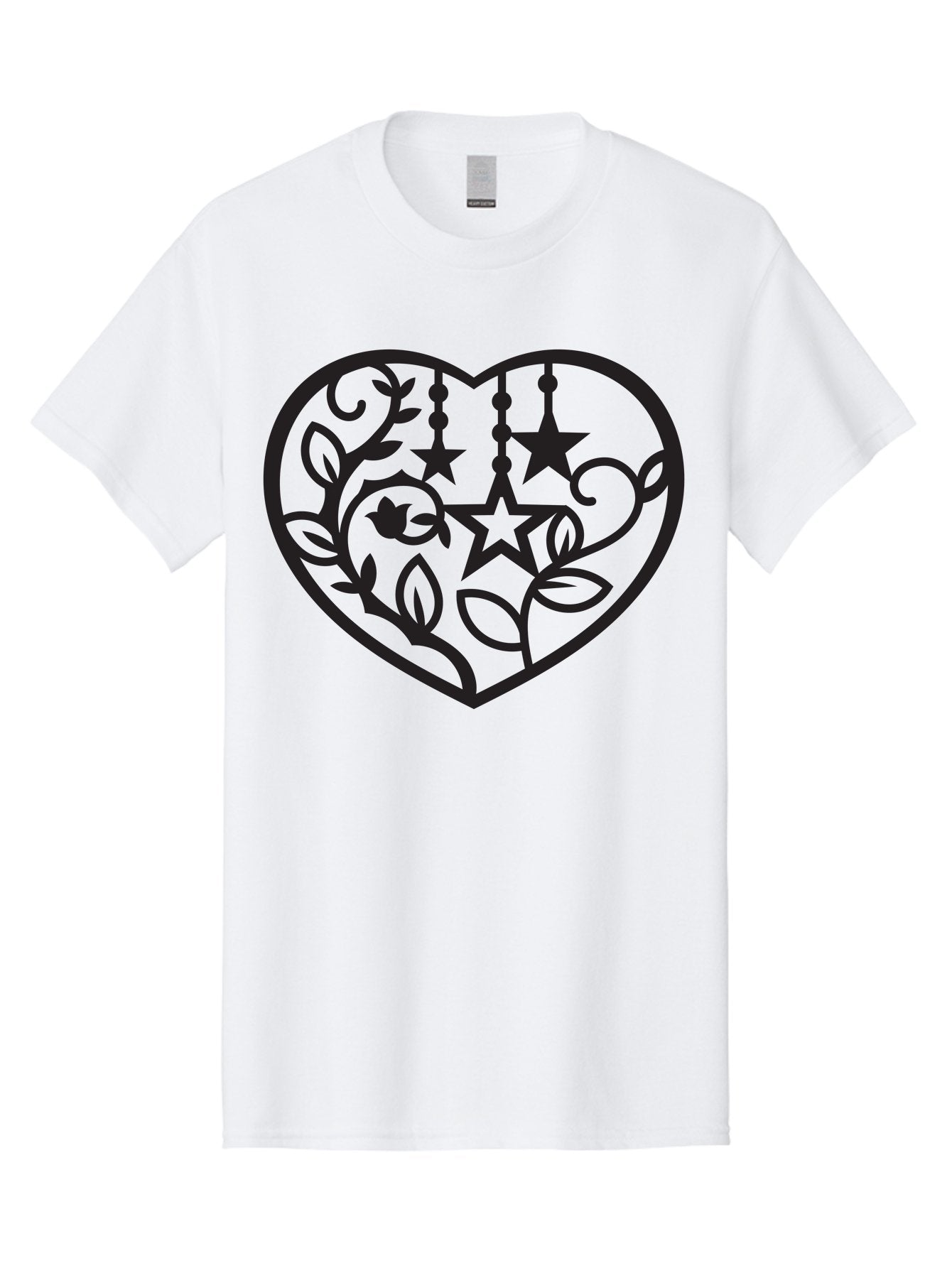 Heart-With-Stars-And-Leaves Men'S Graphic Tee, 100% Cotton, Comfortable Casual Summer Wear, Machine Washable, Heart Shape, Floral Design, Stars, Leaves, Vines, Decorative Elements, Symbolic Heart, Stylized Graphics, Minimalist Art Aab284