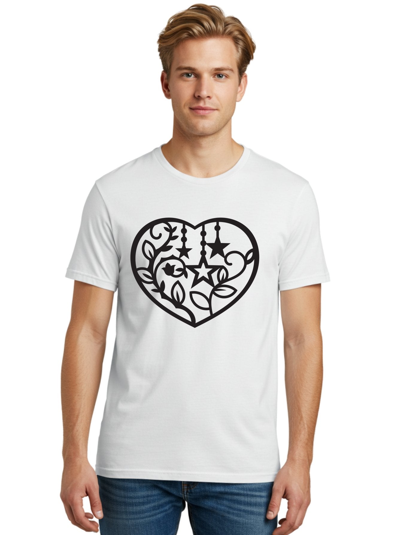 Heart-With-Stars-And-Leaves Men'S Graphic Tee, 100% Cotton, Comfortable Casual Summer Wear, Machine Washable, Heart Shape, Floral Design, Stars, Leaves, Vines, Decorative Elements, Symbolic Heart, Stylized Graphics, Minimalist Art Aab284 21