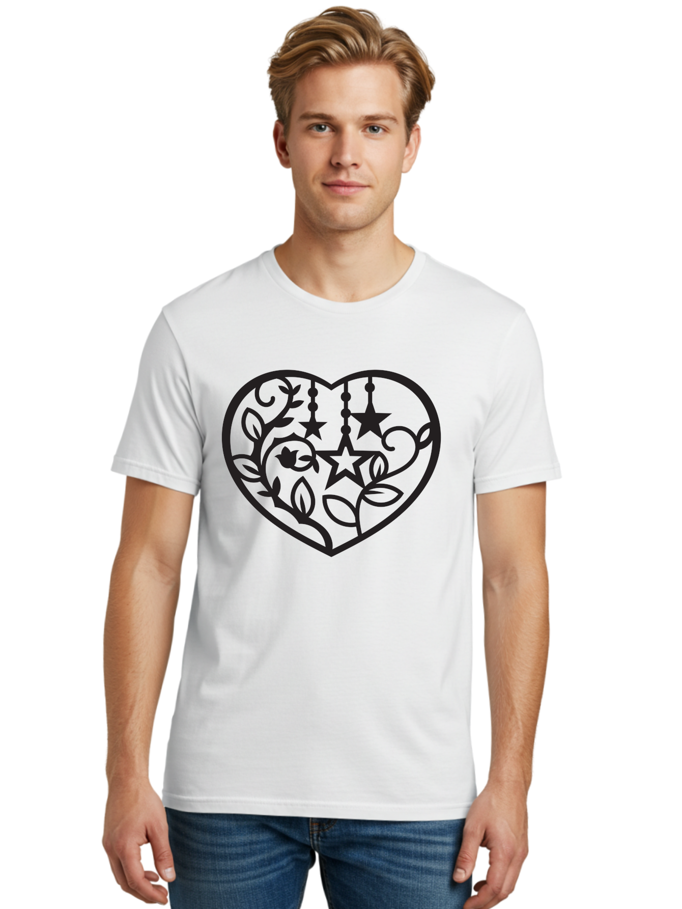 Heart-With-Stars-And-Leaves Men'S Graphic Tee, 100% Cotton, Comfortable Casual Summer Wear, Machine Washable, Heart Shape, Floral Design, Stars, Leaves, Vines, Decorative Elements, Symbolic Heart, Stylized Graphics, Minimalist Art Aab284 30