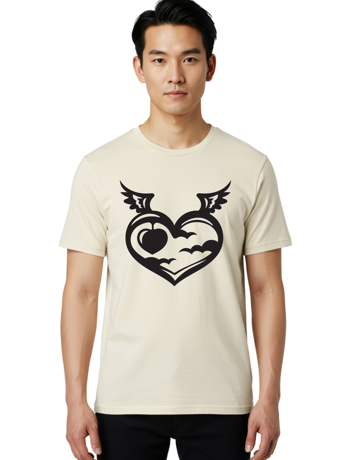 Heart-With-Wings-And-Apple Men'S Graphic Tee, 100% Cotton, Comfortable Casual Summer Wear, Machine Washable, Winged Heart Symbol, Heart With Wings, Apple Inside Heart, Symbolic Artwork, Tattoo Design, Love Icon, Heart Icon, Aab286 4
