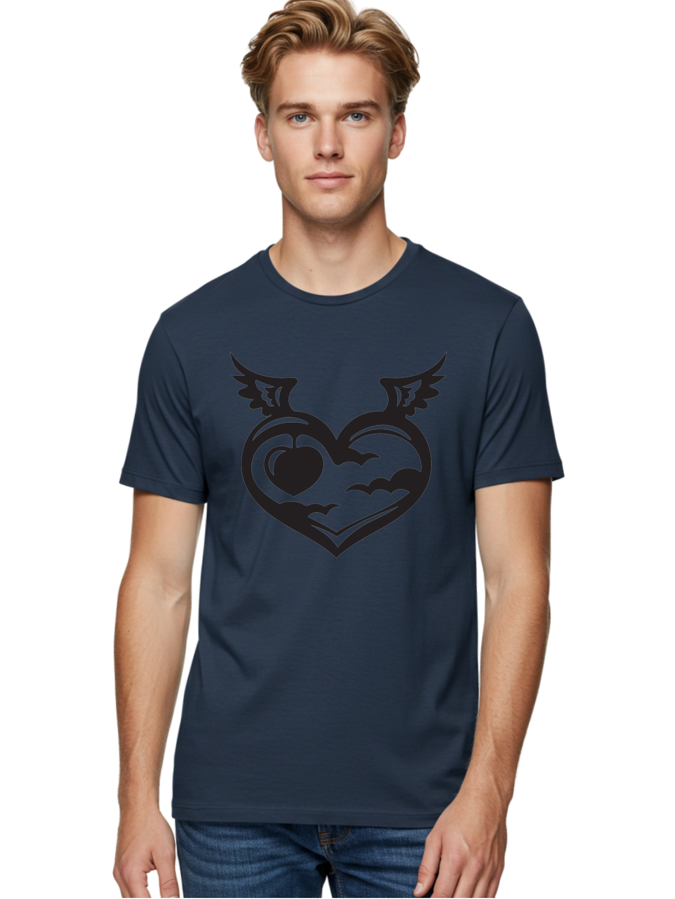Heart-With-Wings-And-Apple Men'S Graphic Tee, 100% Cotton, Comfortable Casual Summer Wear, Machine Washable, Winged Heart Symbol, Heart With Wings, Apple Inside Heart, Symbolic Artwork, Tattoo Design, Love Icon, Heart Icon, Aab286 28