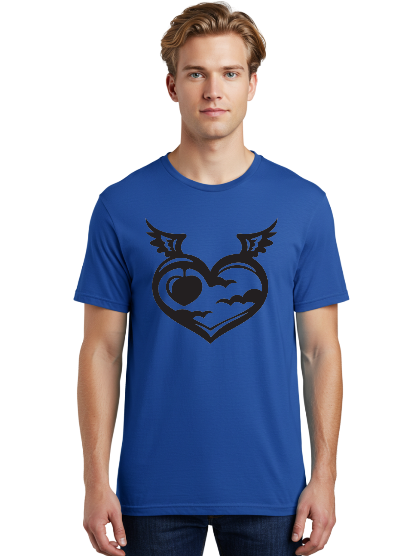 Heart-With-Wings-And-Apple Men'S Graphic Tee, 100% Cotton, Comfortable Casual Summer Wear, Machine Washable, Winged Heart Symbol, Heart With Wings, Apple Inside Heart, Symbolic Artwork, Tattoo Design, Love Icon, Heart Icon, Aab286 14