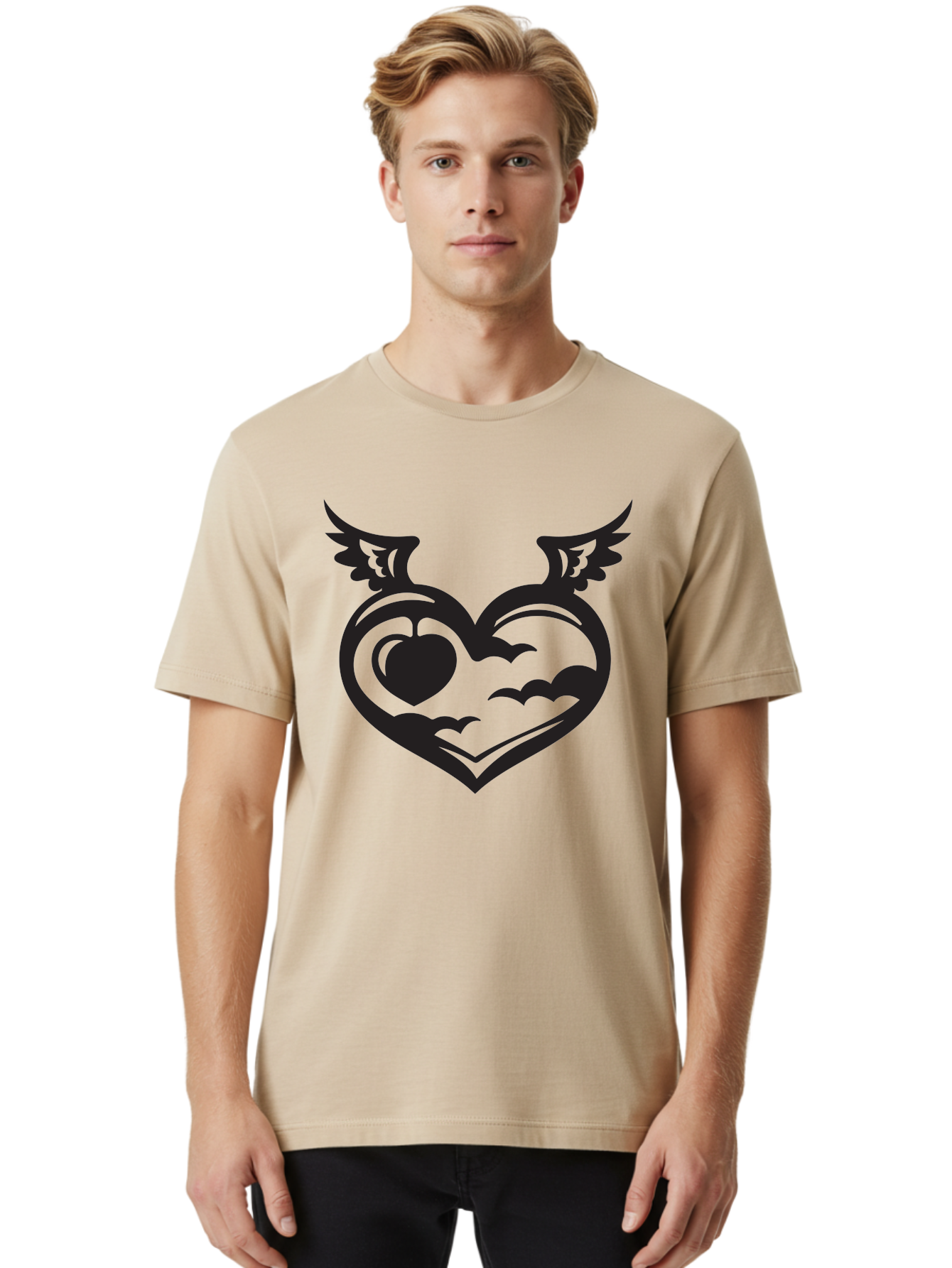 Heart-With-Wings-And-Apple Men'S Graphic Tee, 100% Cotton, Comfortable Casual Summer Wear, Machine Washable, Winged Heart Symbol, Heart With Wings, Apple Inside Heart, Symbolic Artwork, Tattoo Design, Love Icon, Heart Icon, Aab286 10
