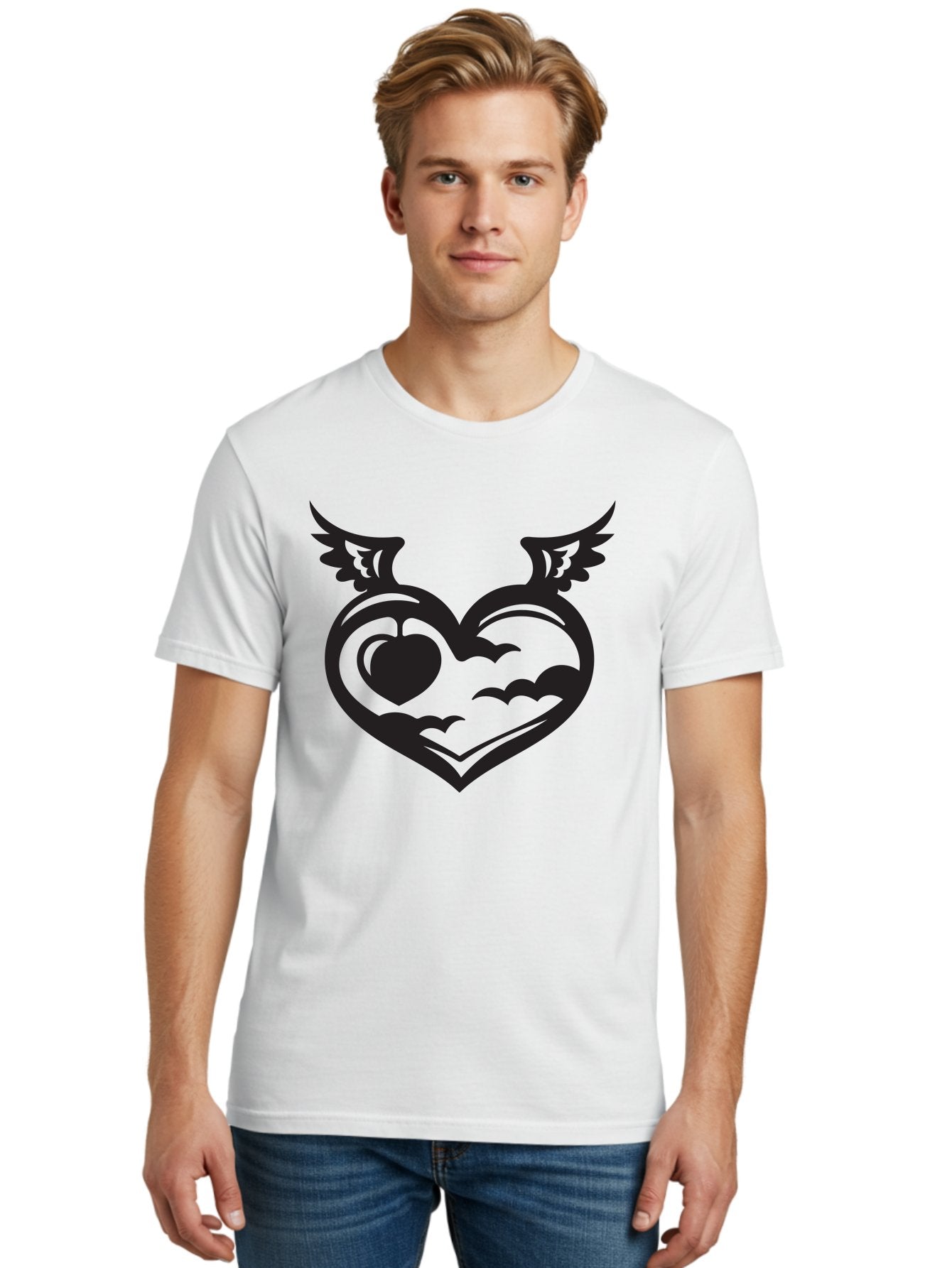 Heart-With-Wings-And-Apple Men'S Graphic Tee, 100% Cotton, Comfortable Casual Summer Wear, Machine Washable, Winged Heart Symbol, Heart With Wings, Apple Inside Heart, Symbolic Artwork, Tattoo Design, Love Icon, Heart Icon, Aab286 23