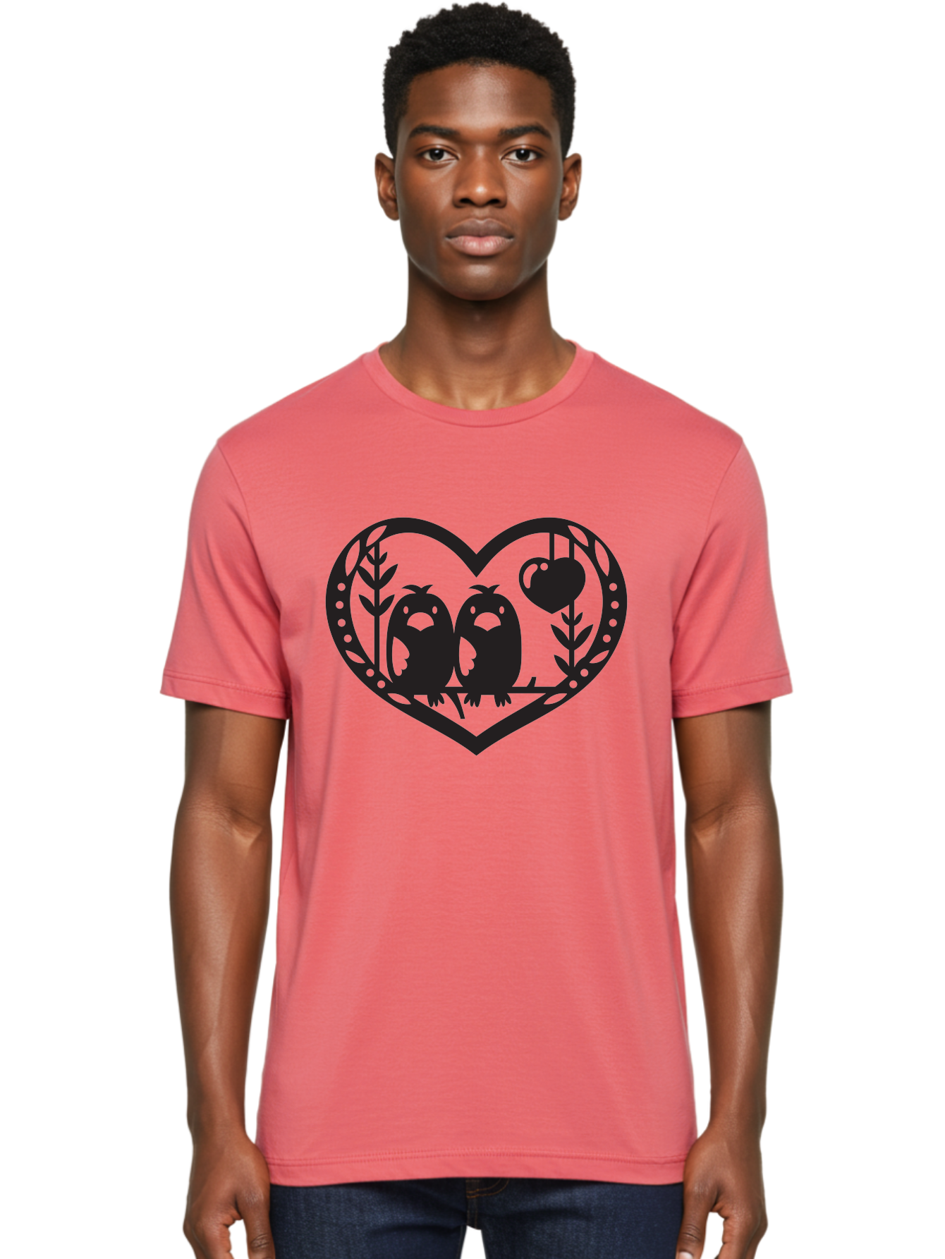 Love-Birds-1 Men'S Graphic Tee, 100% Cotton, Comfortable Casual Summer Wear, Machine Washable, Pair Of Birds Perched On Branch, Heart-Shaped Frame, Love Symbolism, Decorative Design, Minimalist Style, Simple Shapes, Cute Illustration, Aab291 8