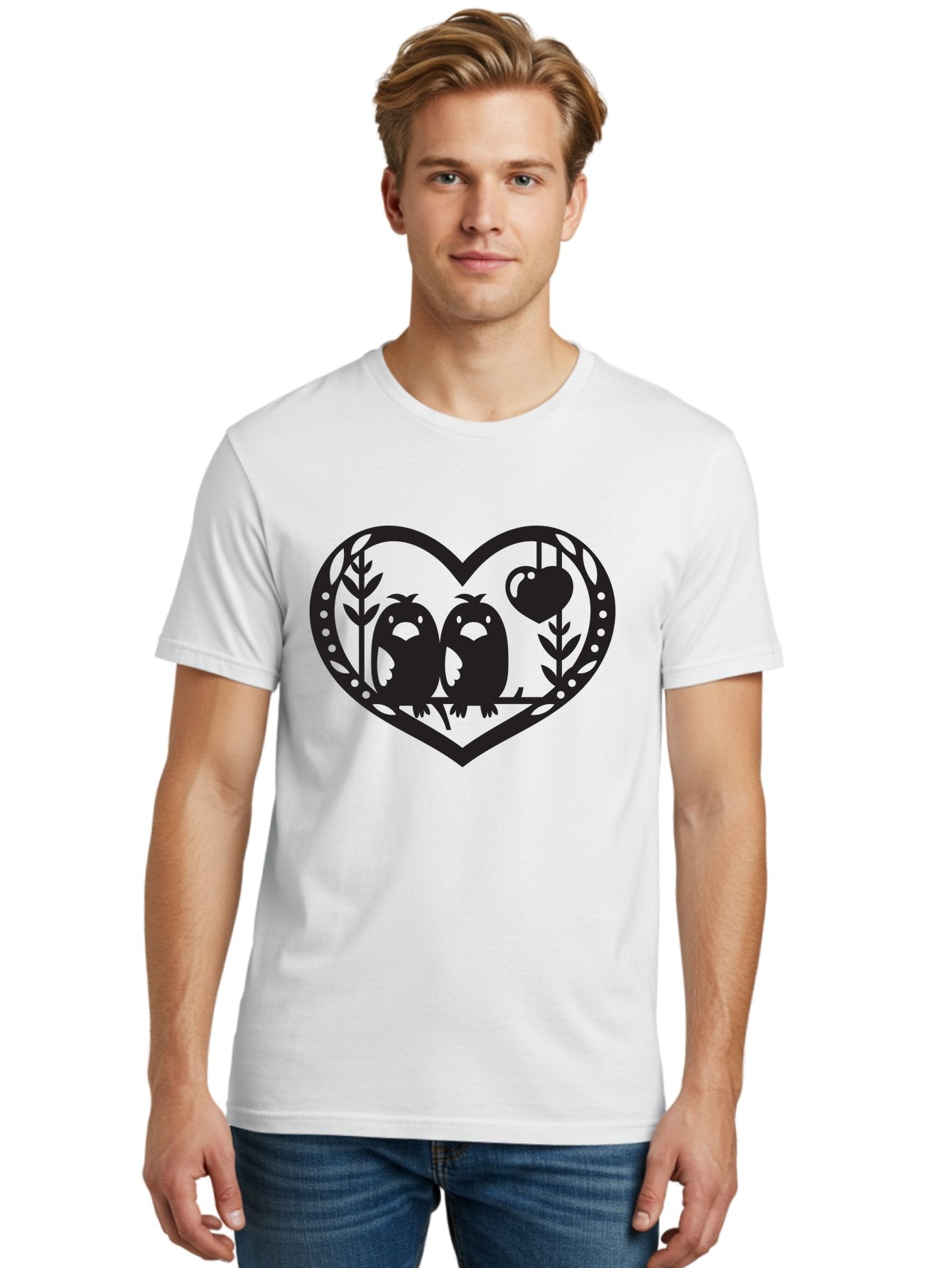 Love-Birds-1 Men'S Graphic Tee, 100% Cotton, Comfortable Casual Summer Wear, Machine Washable, Pair Of Birds Perched On Branch, Heart-Shaped Frame, Love Symbolism, Decorative Design, Minimalist Style, Simple Shapes, Cute Illustration, Aab291 30