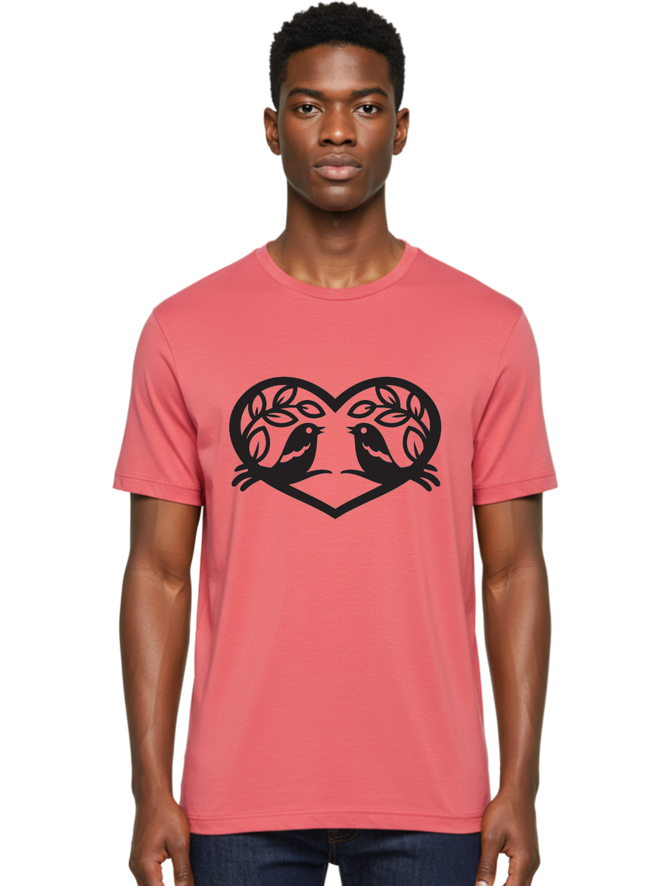 Love-Birds-Heart Men'S Graphic Tee, 100% Cotton, Comfortable Casual Summer Wear, Machine Washable, Love Birds, Heart Shape, Leafy Branches, Couple Birds, Tender Moment, Symbol Of Love, Peaceful Scene, Nature-Inspired Art Aab292