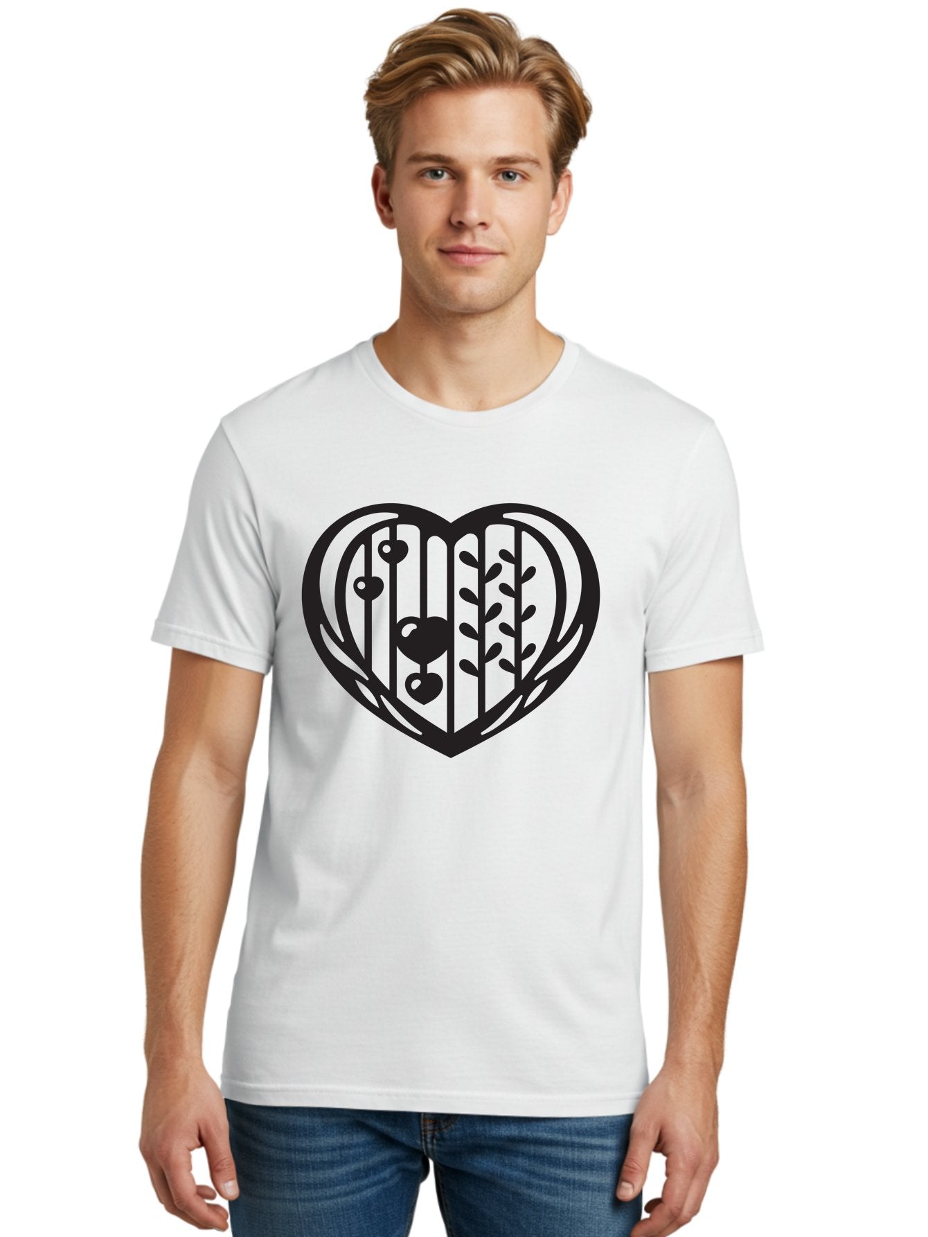 Mobile-Cage-Heart Men'S Graphic Tee, 100% Cotton, Comfortable Casual Summer Wear, Machine Washable, Heart-Shaped Cage, Bird Trapped, Love Symbol, Restricted Freedom, Emotional Confinement, Symbol Of Love, Heart, Birdcage Aab295 29