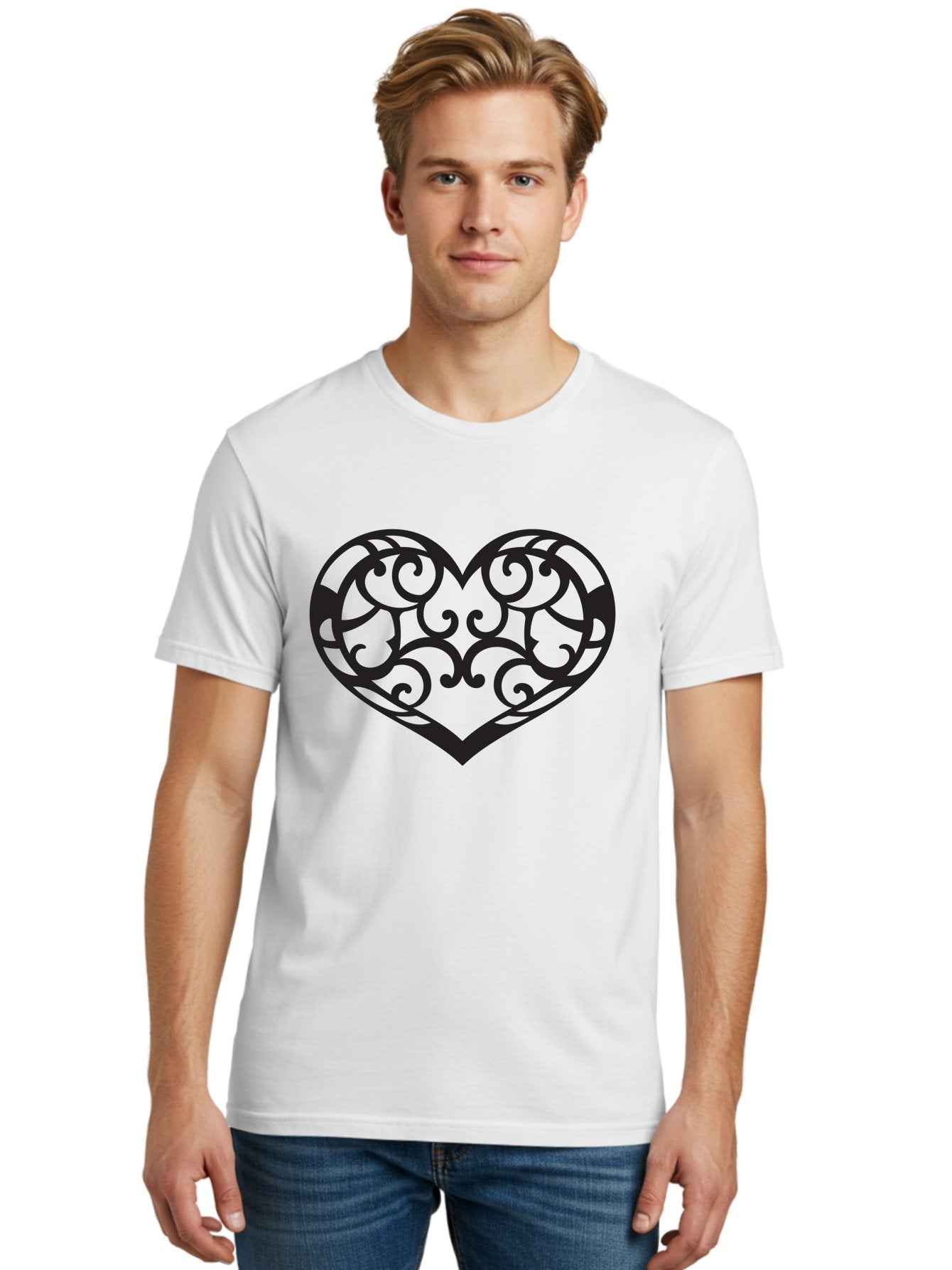 Ornate-Heart Men'S Graphic Tee, 100% Cotton, Comfortable Casual Summer Wear, Machine Washable, Ornate Heart Design, Swirling Patterns, Intricate Details, Symbolic Love, Decorative Art, Valentines Day Theme, Filigree Heart Aab296 30