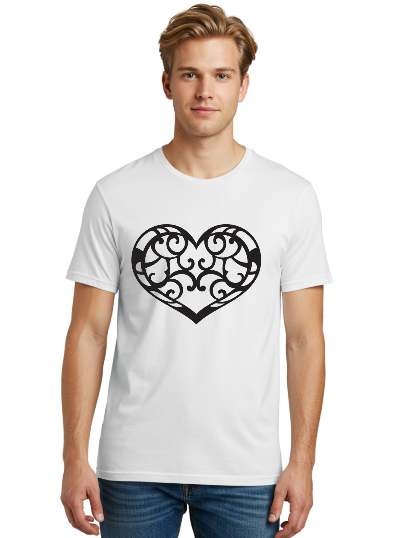Ornate-Heart Men'S Graphic Tee, 100% Cotton, Comfortable Casual Summer Wear, Machine Washable, Ornate Heart Design, Swirling Patterns, Intricate Details, Symbolic Love, Decorative Art, Valentines Day Theme, Filigree Heart Aab296