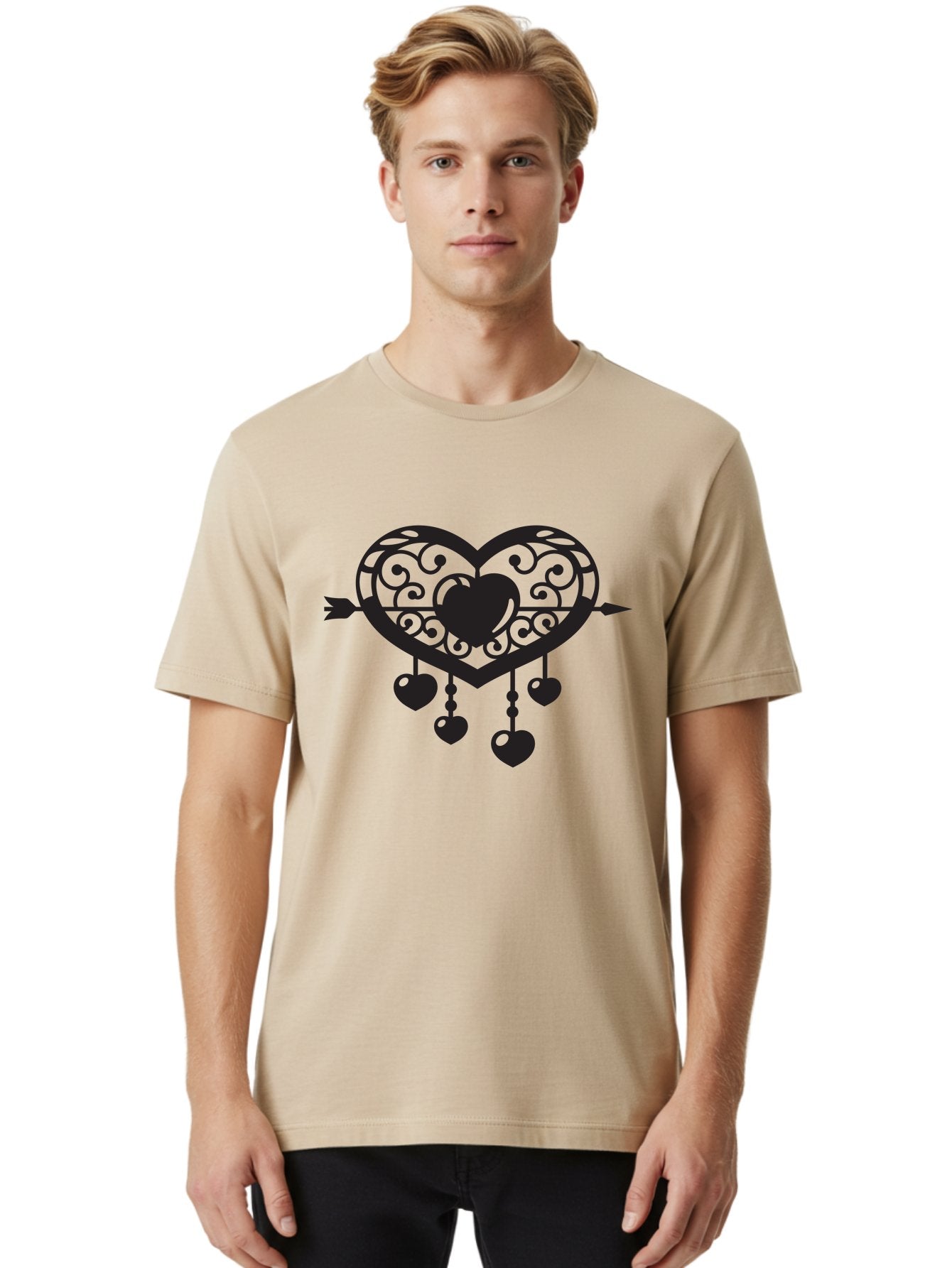 Pierced-Ornate-Heart Men'S Graphic Tee, 100% Cotton, Comfortable Casual Summer Wear, Machine Washable, Heart Pierced By Arrow, Ornate Heart Design, Dangling Hearts, Symbolic Love, Valentines Day Theme, Decorative Hearts, Romantic Gesture, Aab297 20
